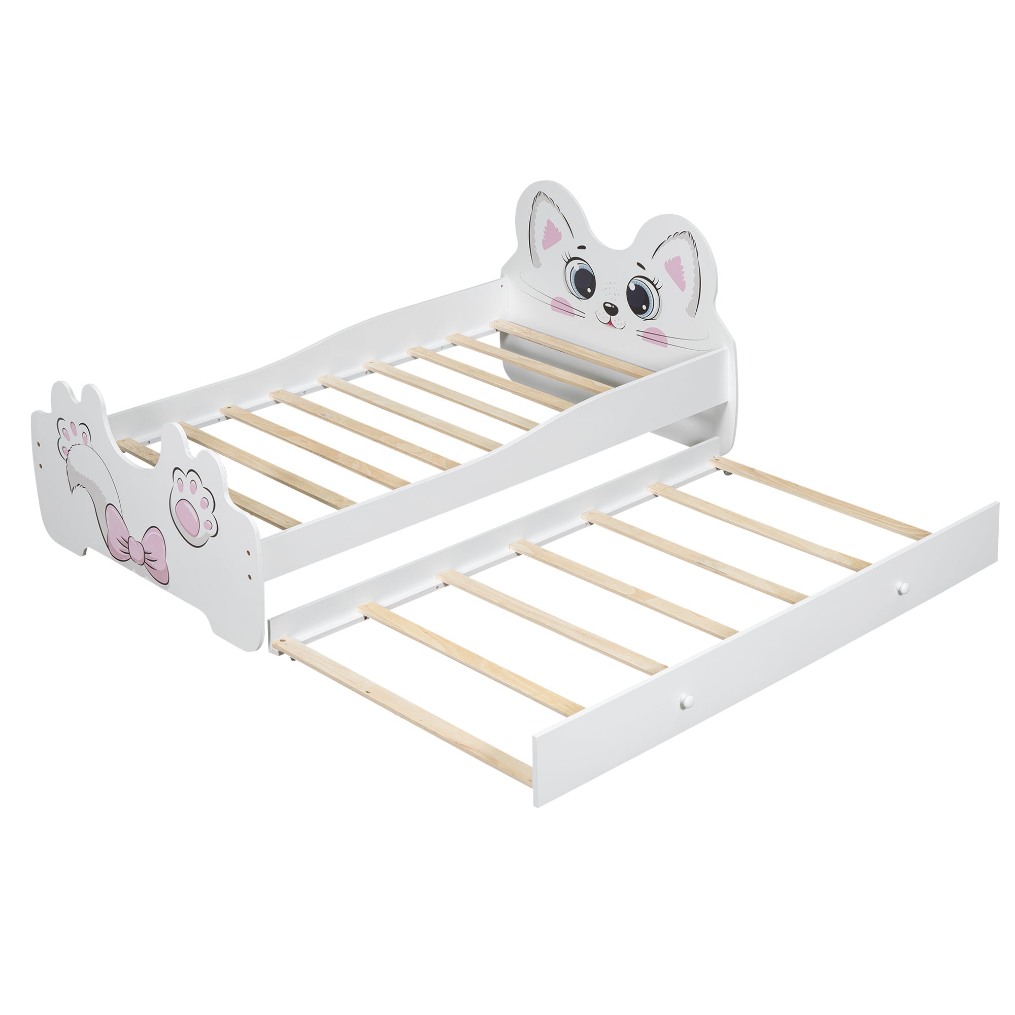 Cartoon Twin Size Platform Bed with Trundle, White