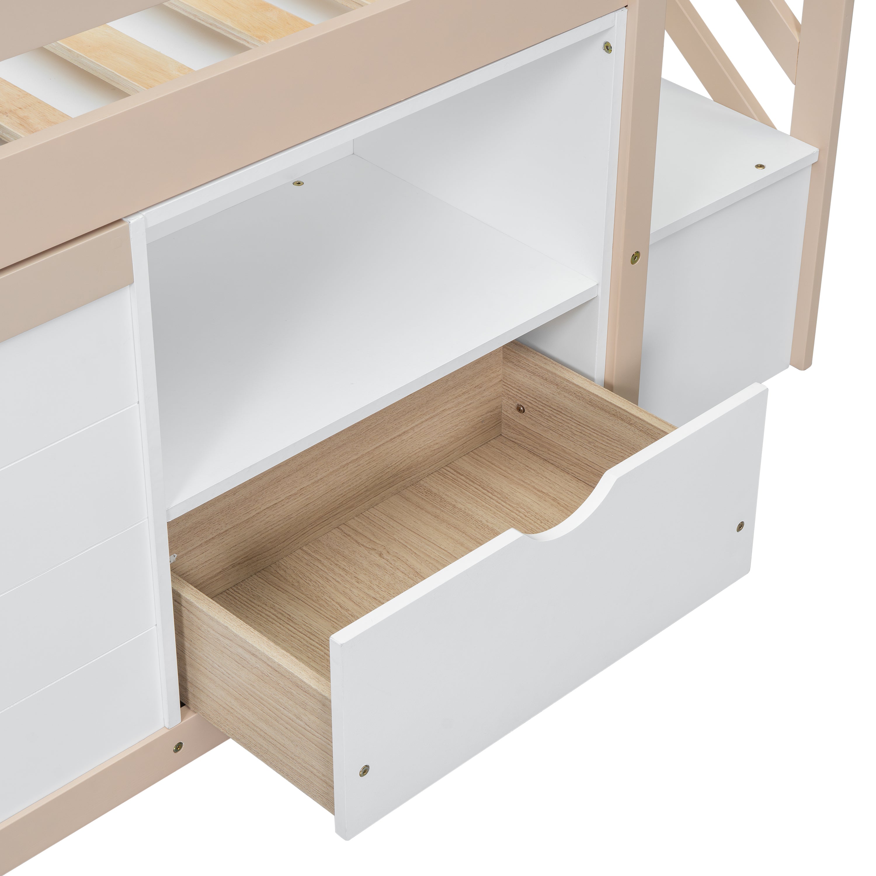 SOLID WOOD TWIN SIZE LOW LOFT BED WITH STAIR, DRAWER, AND SHELF FOR CREAM + WHITE COLOR