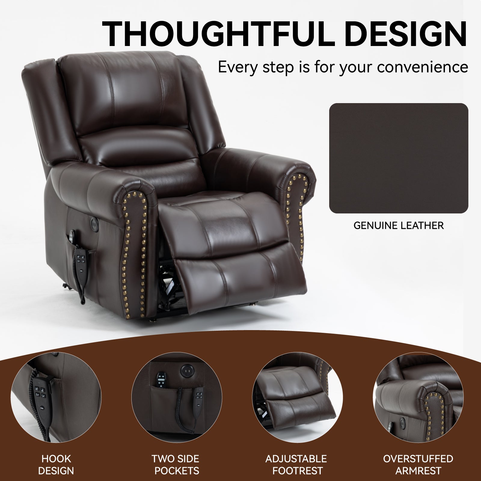 Power Lift Recliner Chair Heat Massage Dual Motor Infinite Position Up to 350 LBS, Genuine Leather, Heavy Duty Motion Mechanism with USB Ports, Brown