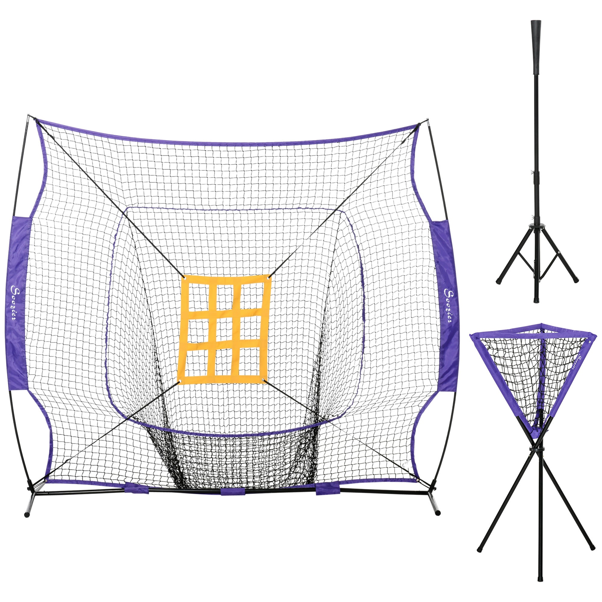 Soozier Baseball Practice Net Set with 7.5x7ft Catcher Net, Ball Caddy and Batting Tee, Portable Baseball Practice Equipment with Carry Bag for Hitting, Pitching, Batting, Catching, Purple