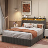 Full Size Bed Frame with LED, 4 Under-bed Portable Storage Drawers, Wings Headboard Design, Dark Grey