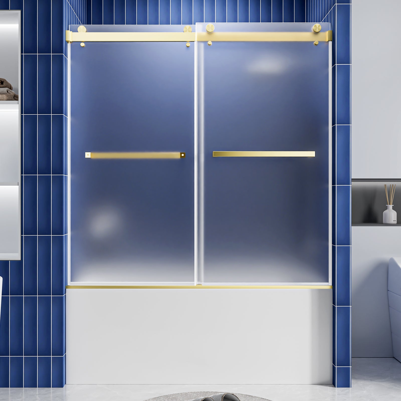 56-60 x 60 in Frosted Frameless Double Sliding Shower Door - 56-60 x 60 in / Frosted Glass / Brushed Gold view 1