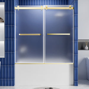 56-60 x 60 in Frosted Frameless Double Sliding Shower Door - 56-60 x 60 in / Frosted Glass / Brushed Gold view 1