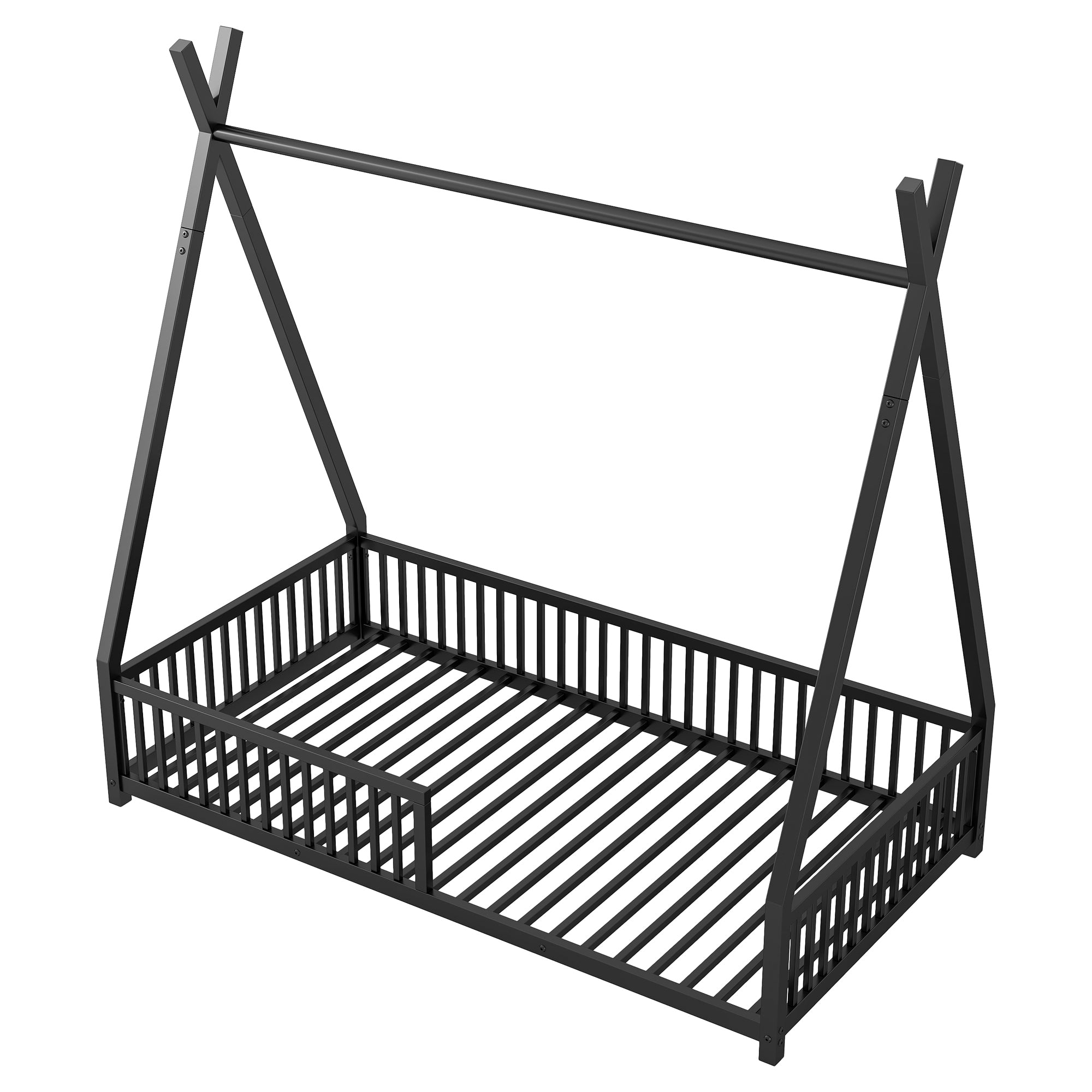 Metal Twin Size House Platform Bed with Triangle Structure and Guardrail, Black