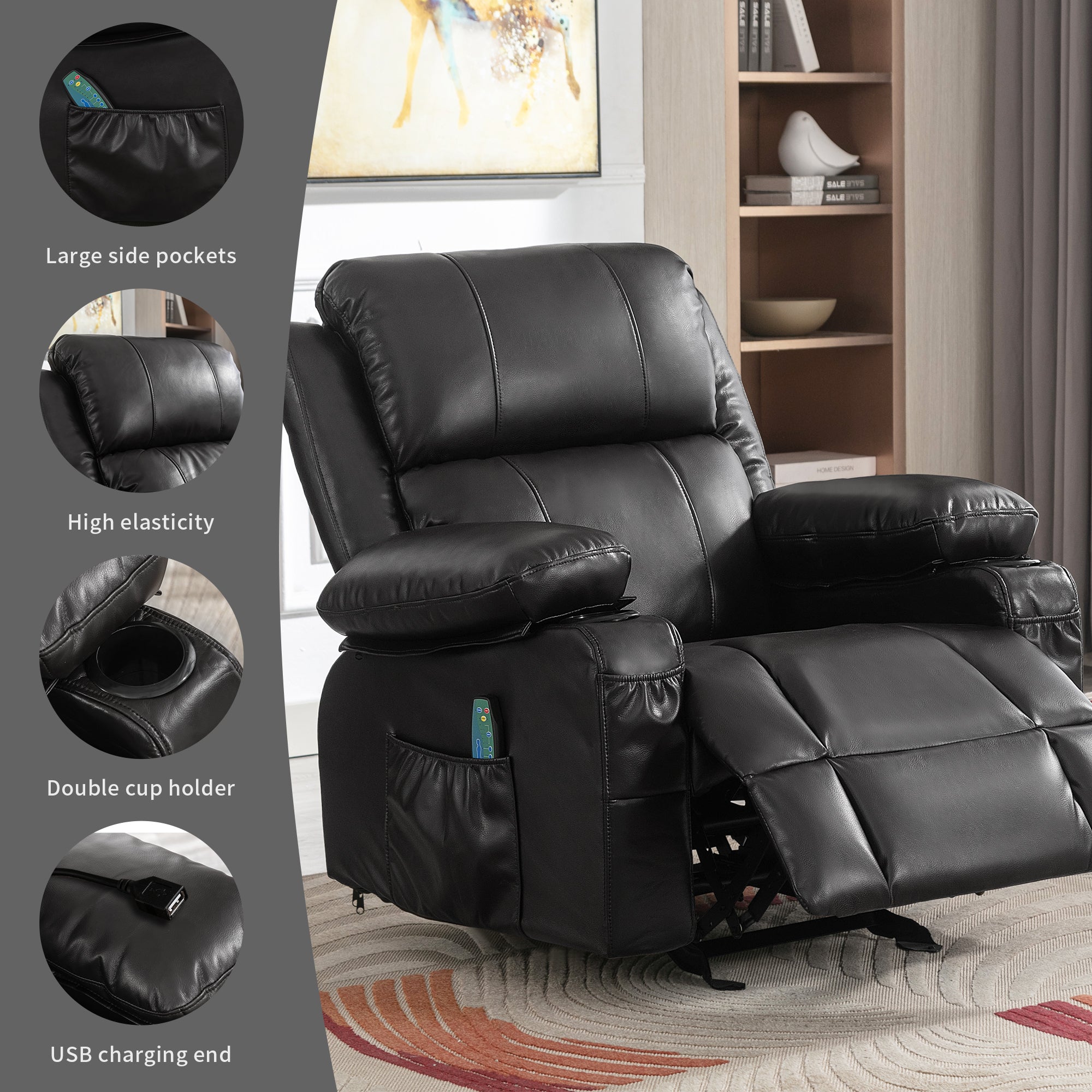 Vanbow.Recliner Chair Rocking Chairs for Adults  with 2 Cup Holders, USB Charge Port Soft Features a Manual Massage and Heat.BLACK