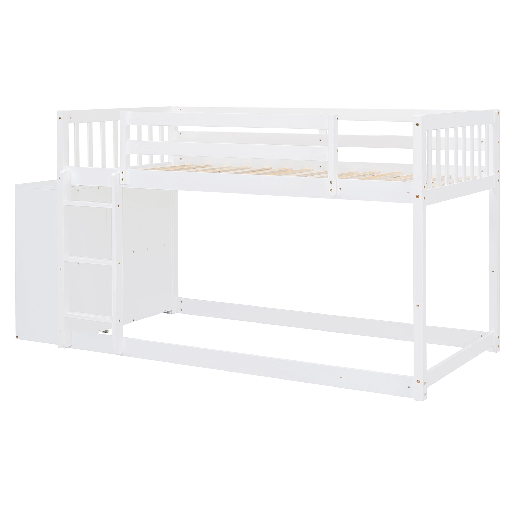 Twin over Twin Bunk Bed with 4 Drawers and 3 Shelves-White