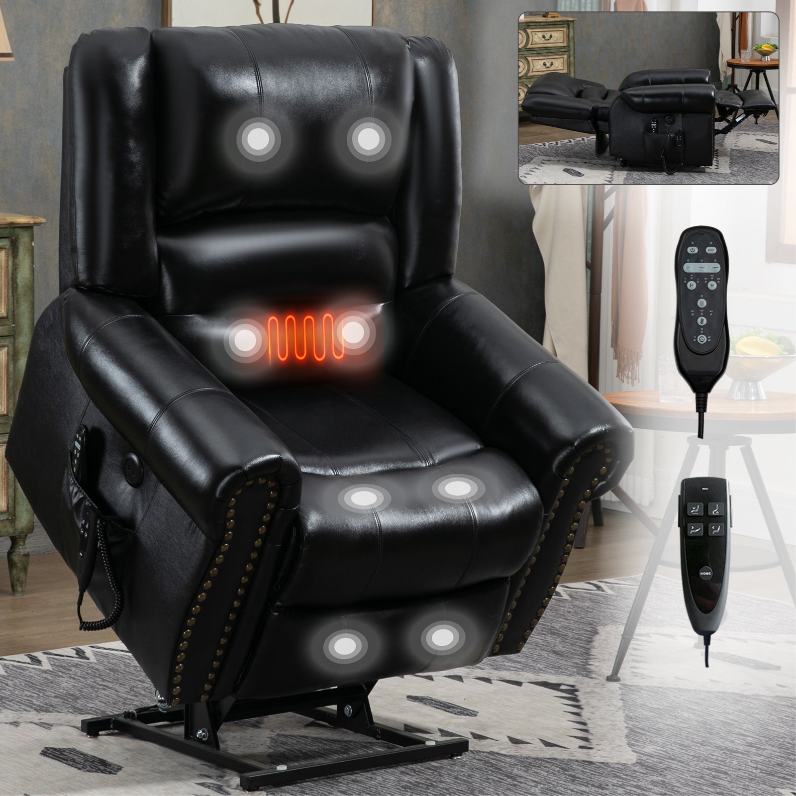 Power Lift Recliner Chair Heat Massage Dual Motor Infinite Position Up to 350 LBS, Genuine Leather, Heavy Duty Motion Mechanism with USB Ports, Black