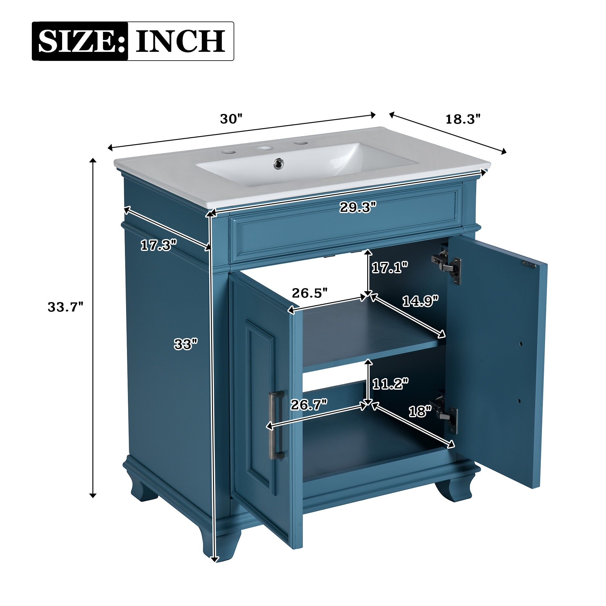 30 Inch Bathroom Vanity with Ceramic Sink, Freestanding Bathroom Vanity Set with Storage Shelf, Storage Cabinet for Bathroom, Solid Wood Frame Bathroom Cabinet, Blue