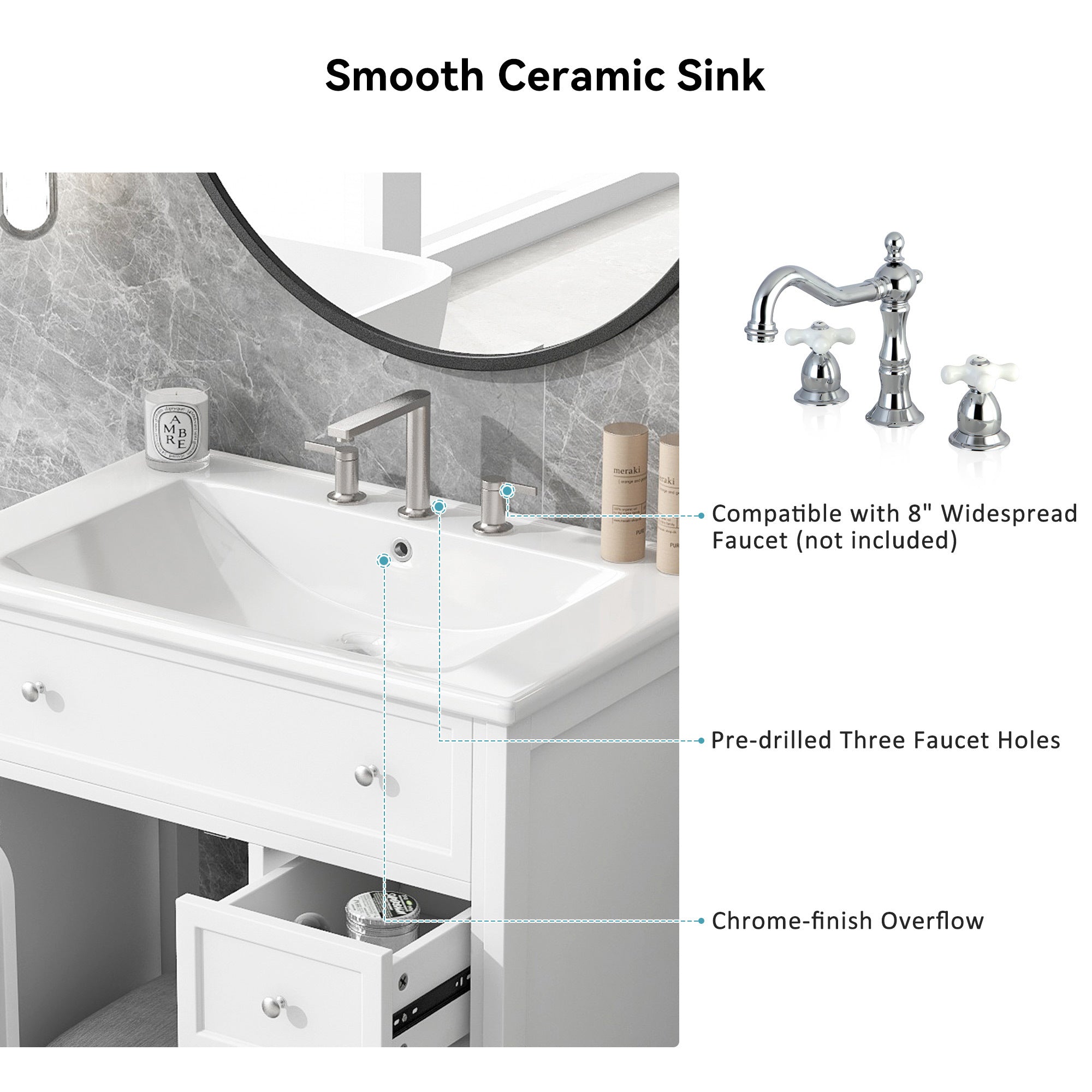 30" Bathroom Vanity with Sink Top, Bathroom Vanity Cabinet with Door and Two Drawers, MDF Boards, Solid Wood, One Package, White