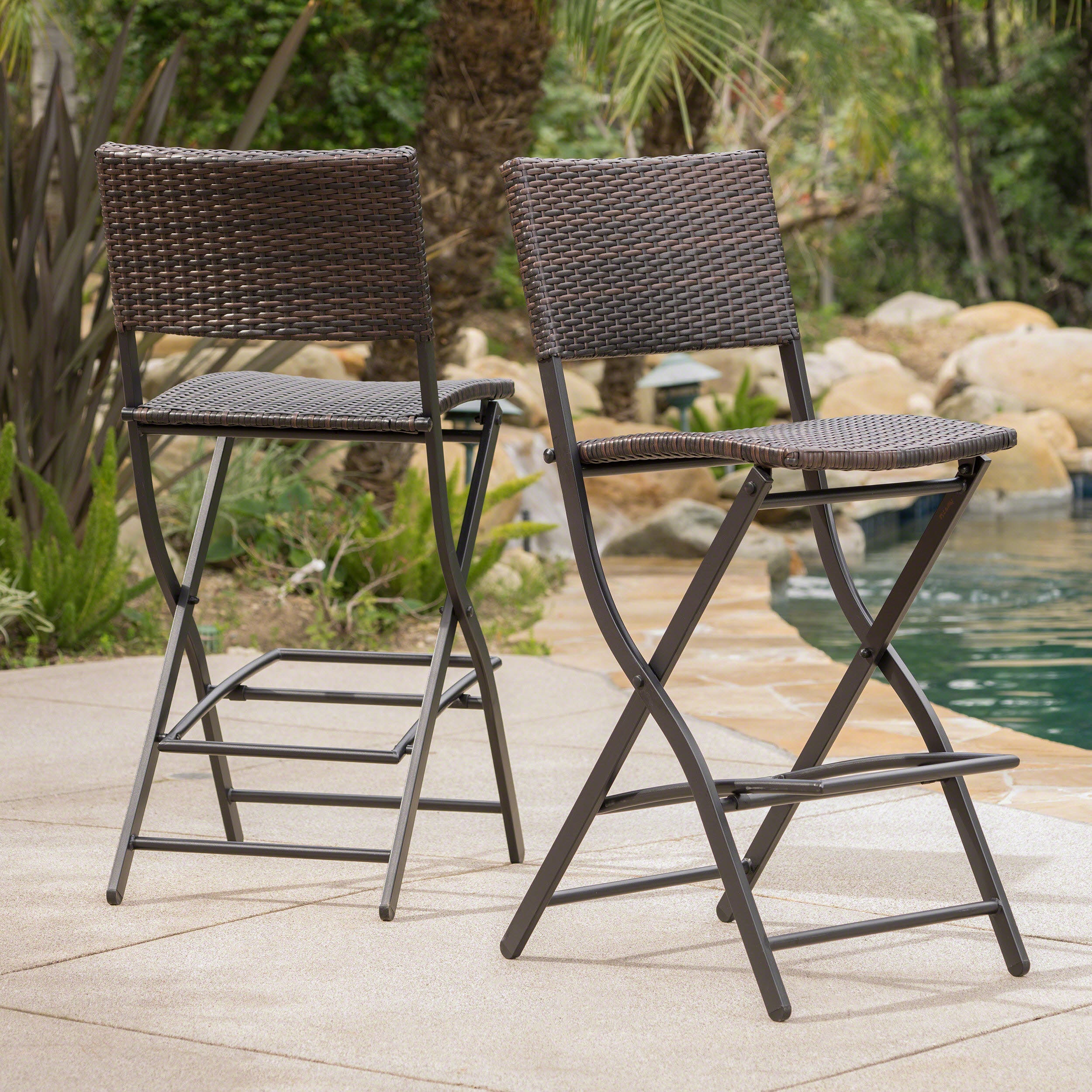 Outdoor Wicker Barstools Faux Rattan Patio Bar Stools Foldable Chair, Multibrown, Set of 2