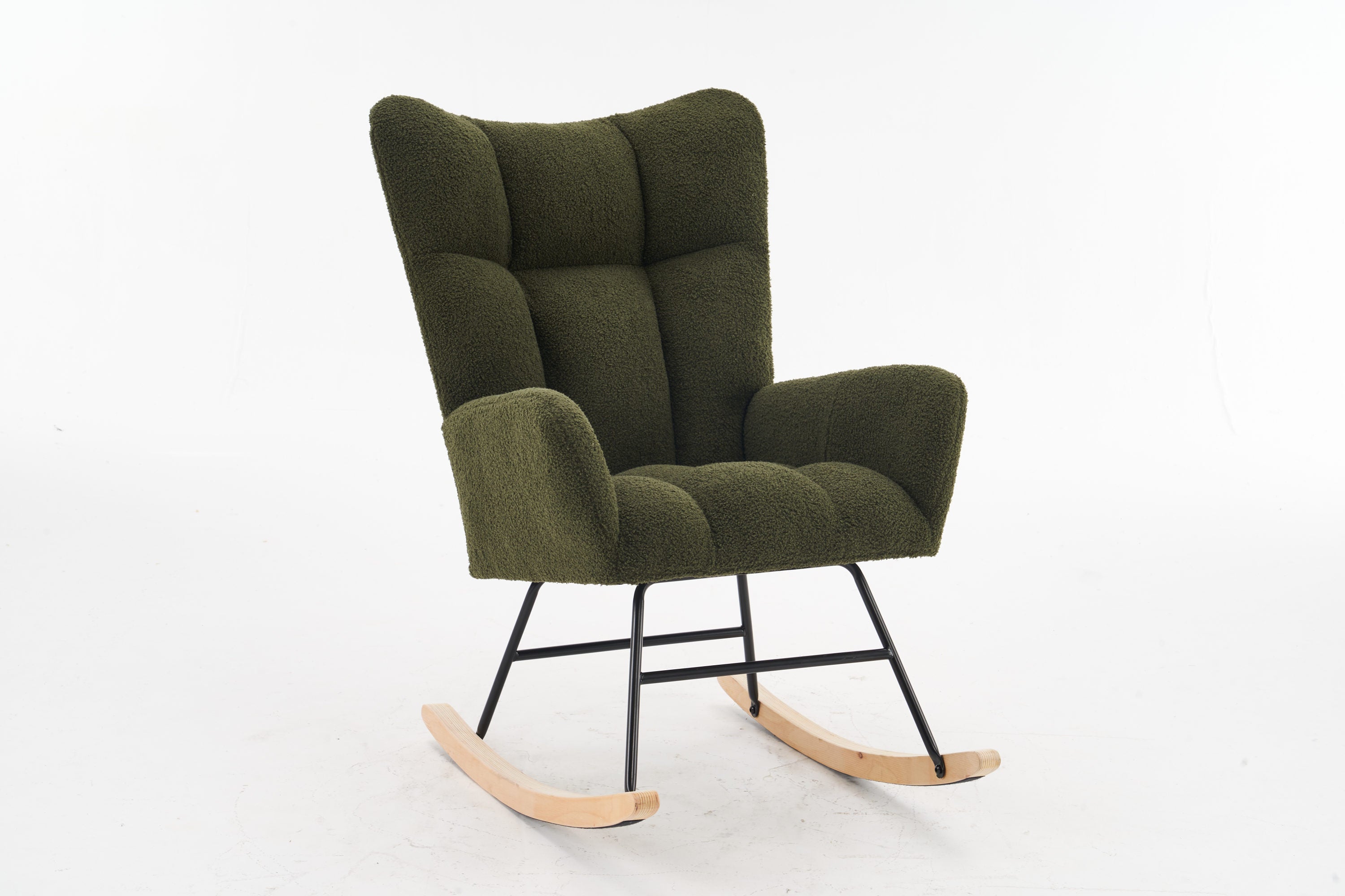 Rocking Chair Nursery, Solid Wood Legs Reading Chair with Teddy Fabric Upholstered , Nap Armchair for Living Rooms, Bedrooms, Offices, Best Gift,Green Teddy fabric