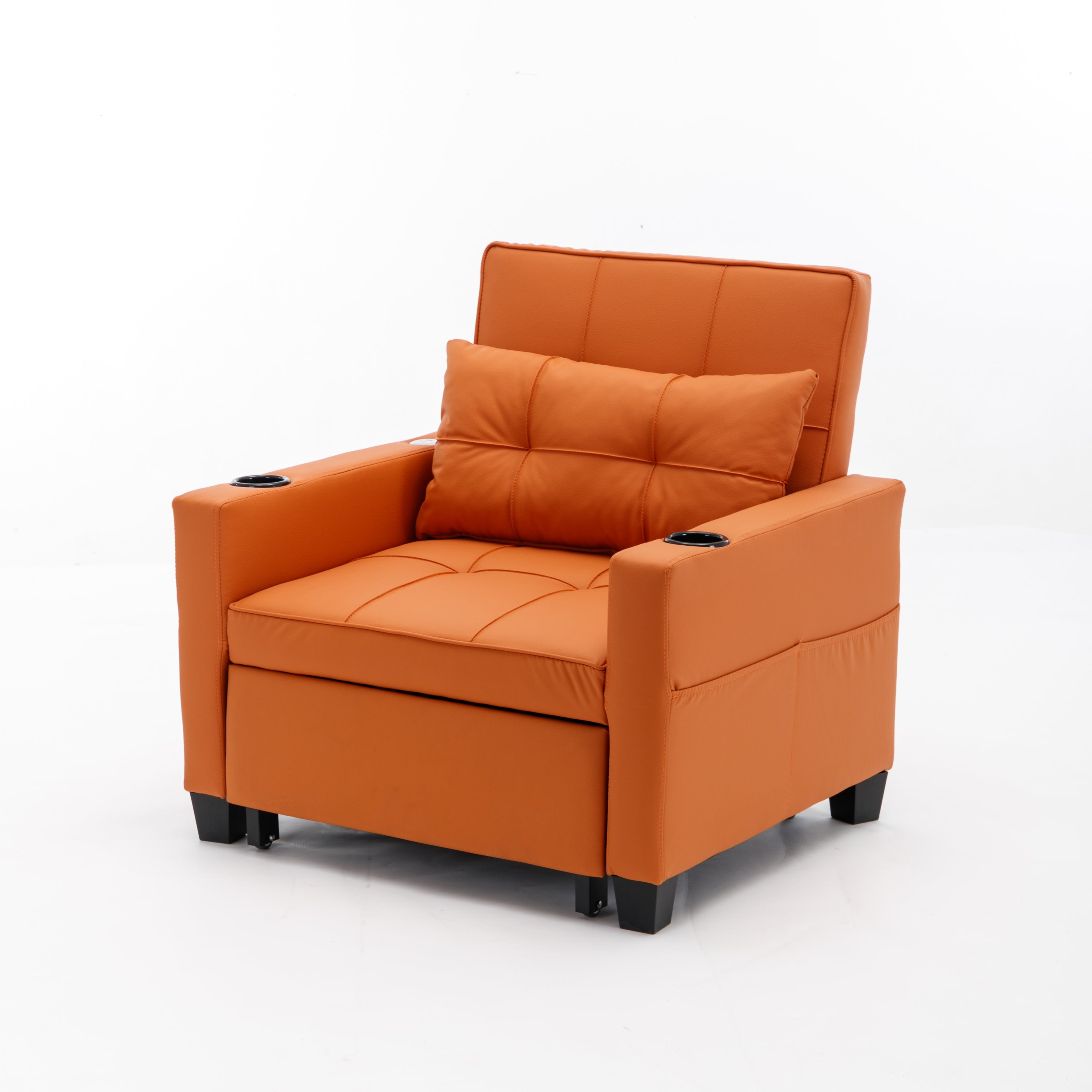 Futon Chair Bed Convertible Chair 3-in-1 Pull Out Sleeper Chair Beds with USB Ports,Wear-resistant and Anti-scratch,  Armchair Bed Sleeper for Living Room (Orange Leather)