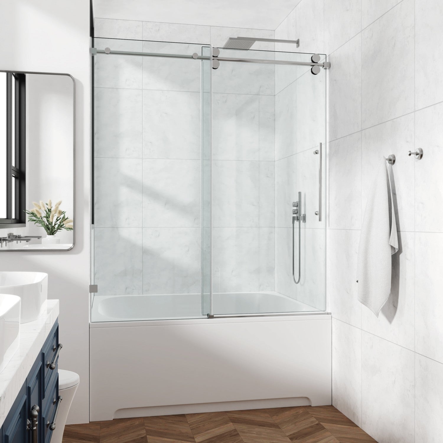 78 x 76 in Fixed and Sliding Round-Tube Shower Door - 78 x 76 in / Brushed Nickel / Round Tube view 4