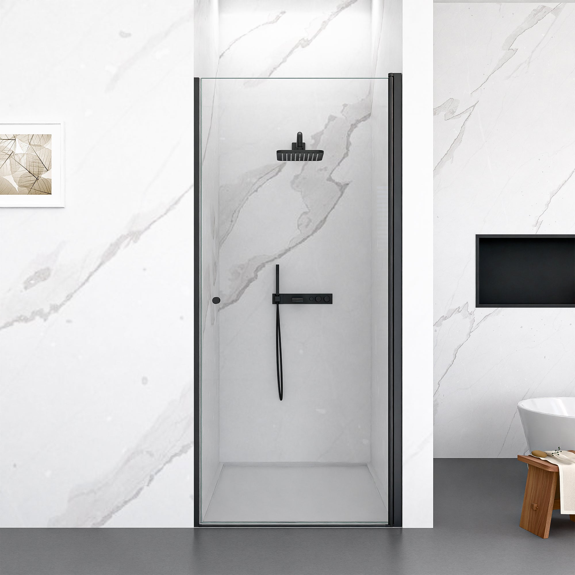 Frameless pivot shower door 32 in by 72 in matte black hardware detail