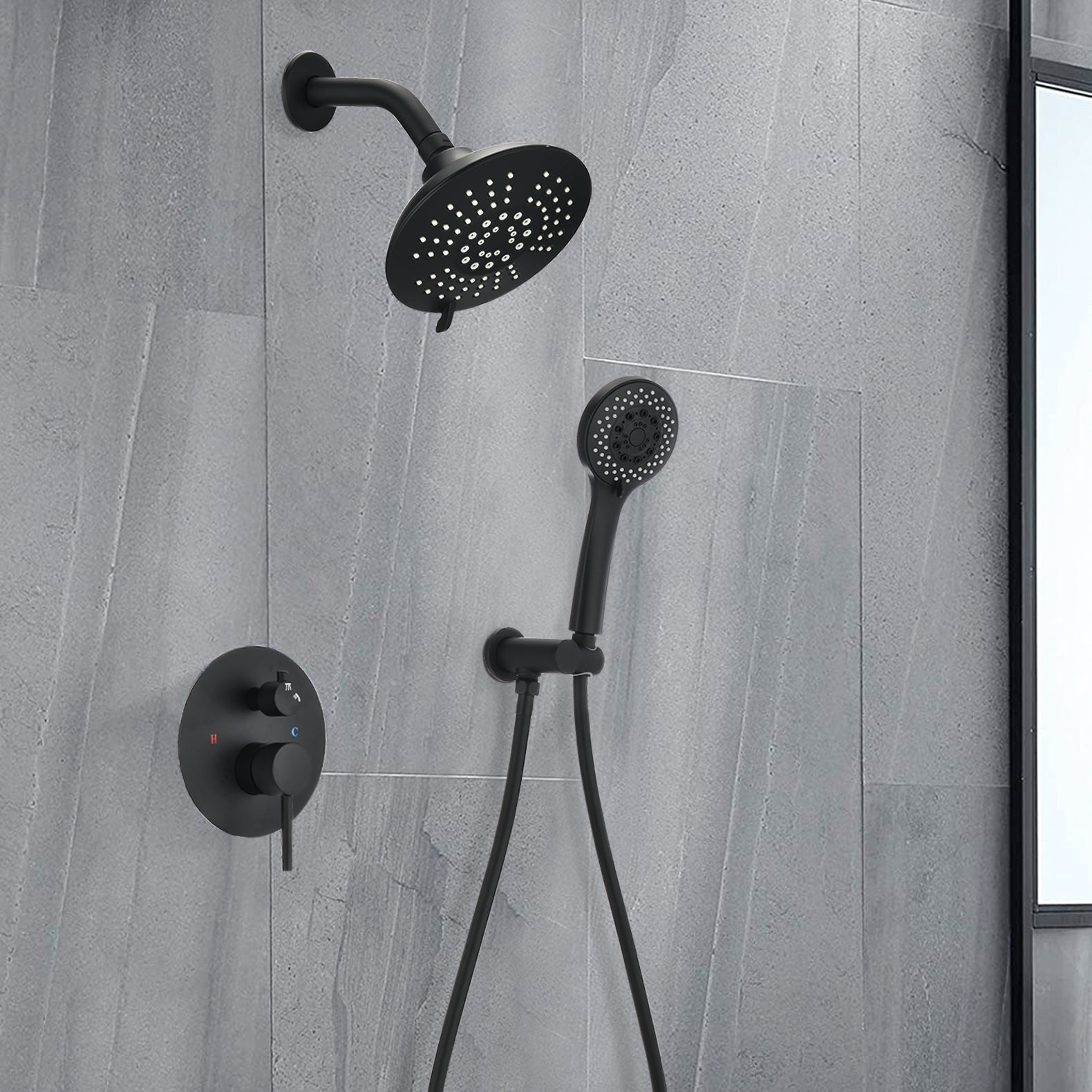 Round Shower System  Wall Mounted Rain Mixer Combo Set Matte Black