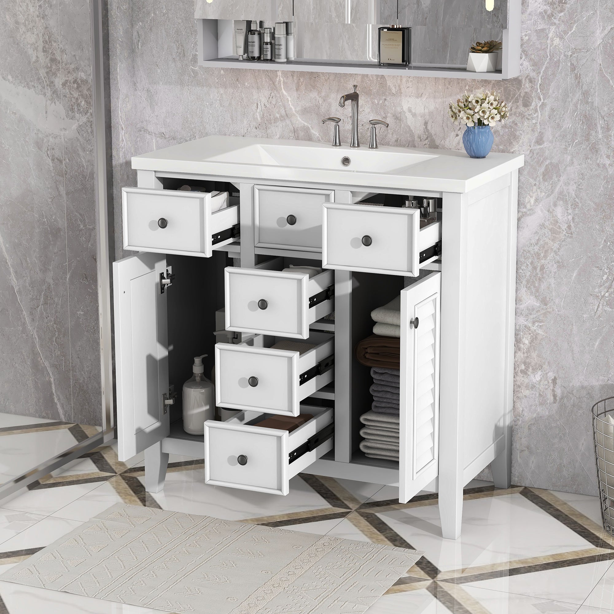 36" Bathroom Vanity with Ceramic Basin, Two Cabinets and Five Drawers, Solid Wood Frame, White (OLD SKU: SY999202AAK-1)