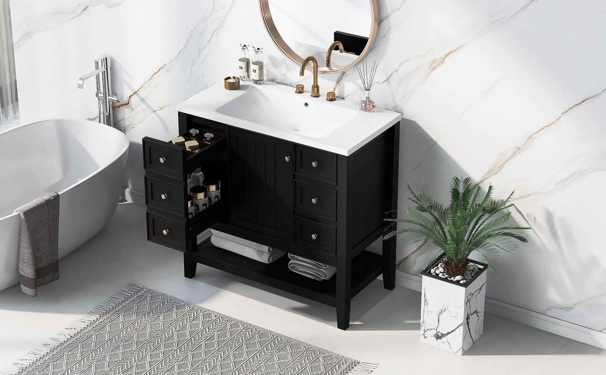 36" Bathroom Vanity with Sink Combo, One Cabinet and Three Drawers, Solid Wood and MDF Board, Black (Old Sku:SY999505AAB)