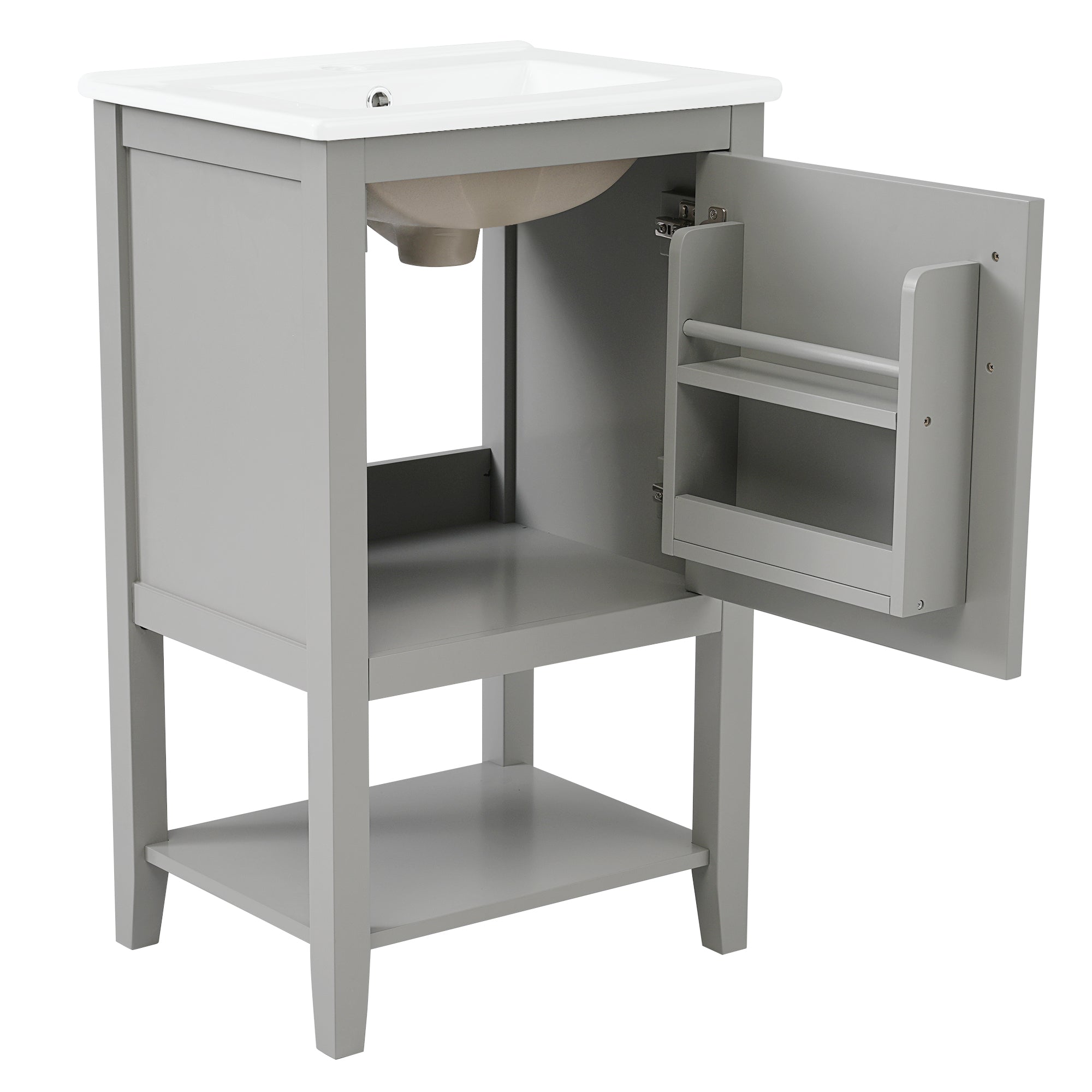 20" Bathroom Vanity with Sink, Bathroom Cabinet with Soft Closing Door, Storage Rack and Open Shelf, Grey