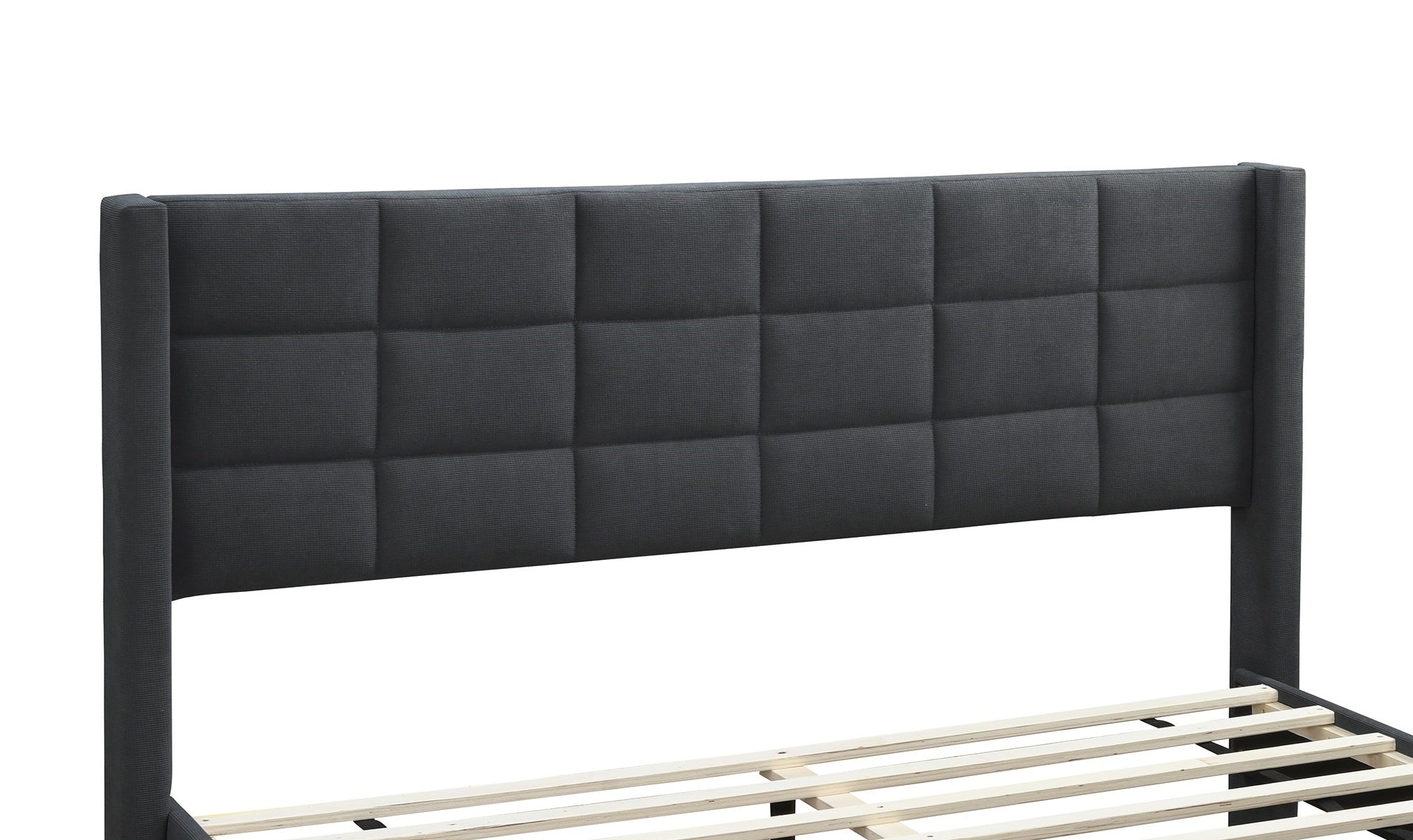 Elegant Modern Charcoal Brushed Linen 1pc Queen Size Bed Upholstered Box Design Headboard Bedframe