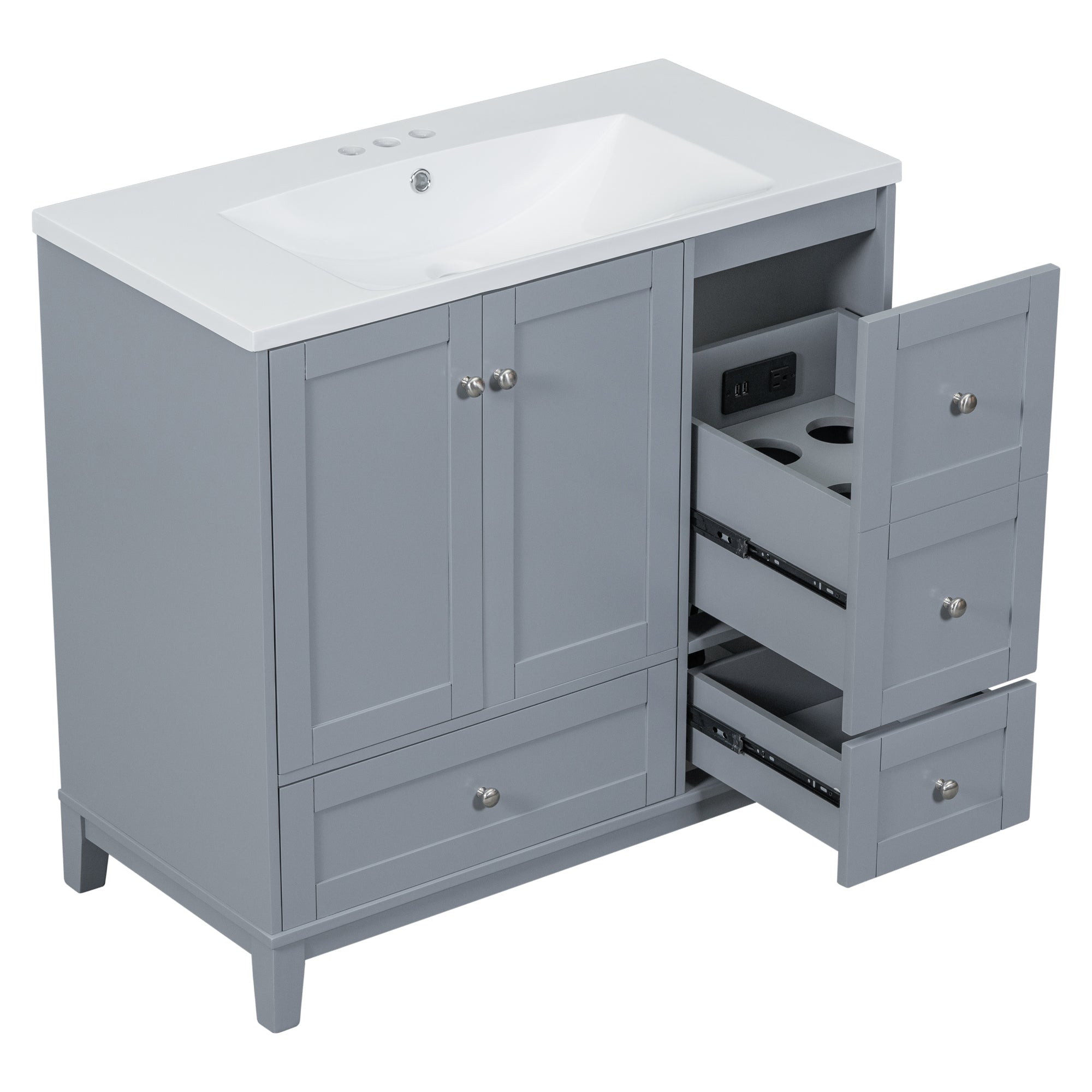 36 Inch Modern Bathroom Vanity with USB Charging, Two Doors and Three Drawers Bathroom Storage Vanity Cabinet with single top, Small Bathroom Vanity cabinet with sink , White & Gray Blue - Faucets Not