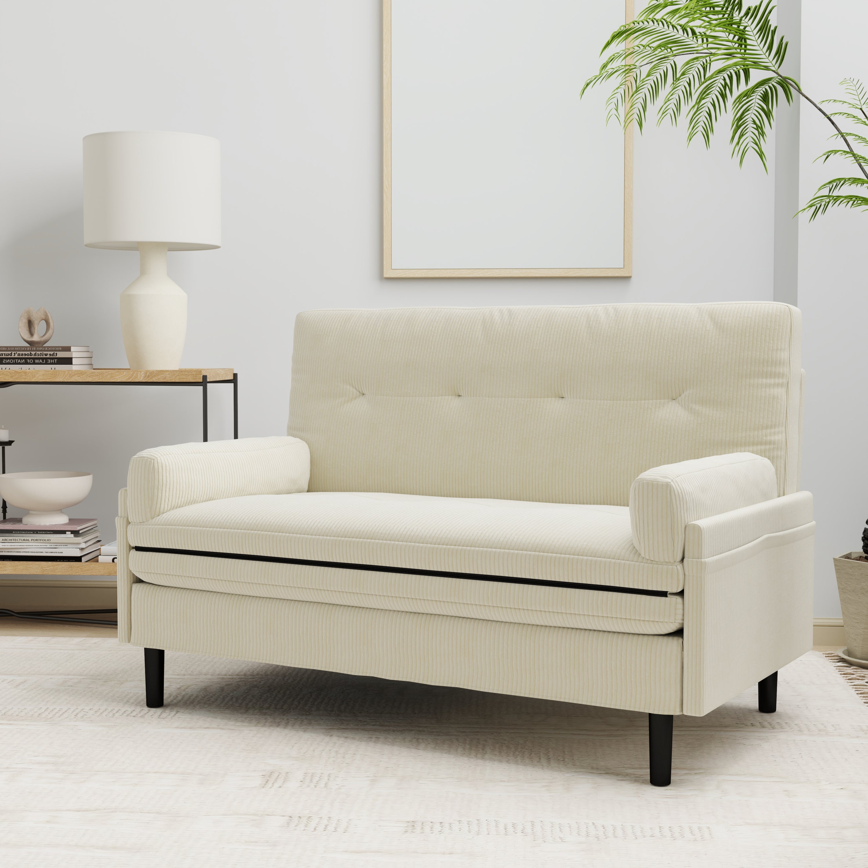 Ivory Corduroy Loveseat, Convertible Lounge Chair and Bed