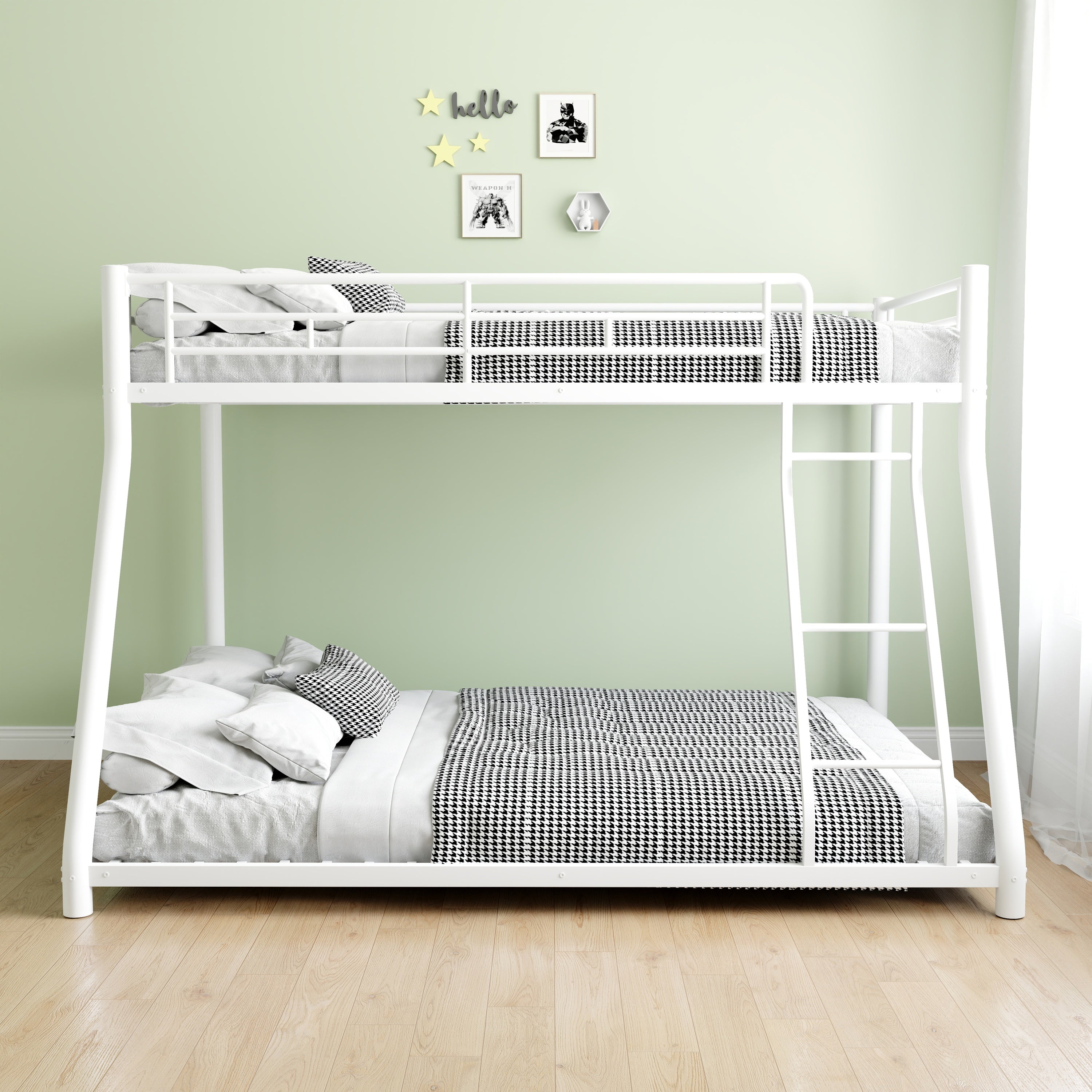 Metal Bunk Bed Twin Over Full Size with Removable Stairs, Heavy Duty Sturdy Frame with 12" Under-Bed Storage for Teen & Adults, Teens, No Box Spring Needed, White