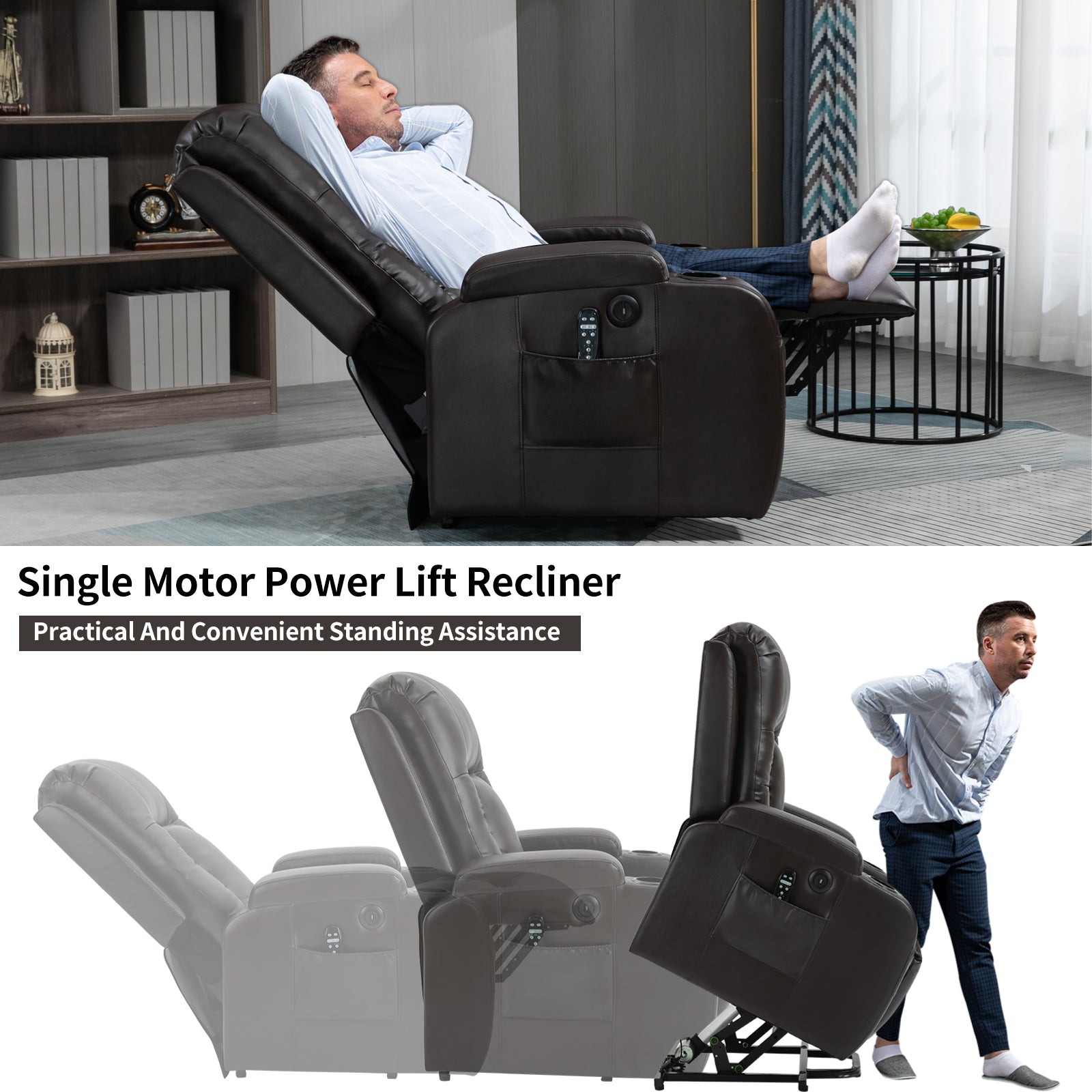 Infinite Position Up to 350 LBS Power Lift Recliner Chair for Elderly, Heavy Duty Motion Mechanism with 8-Point Vibration Massage and Lumbar Heating, USB Charging Port, Cup Holders, Brown