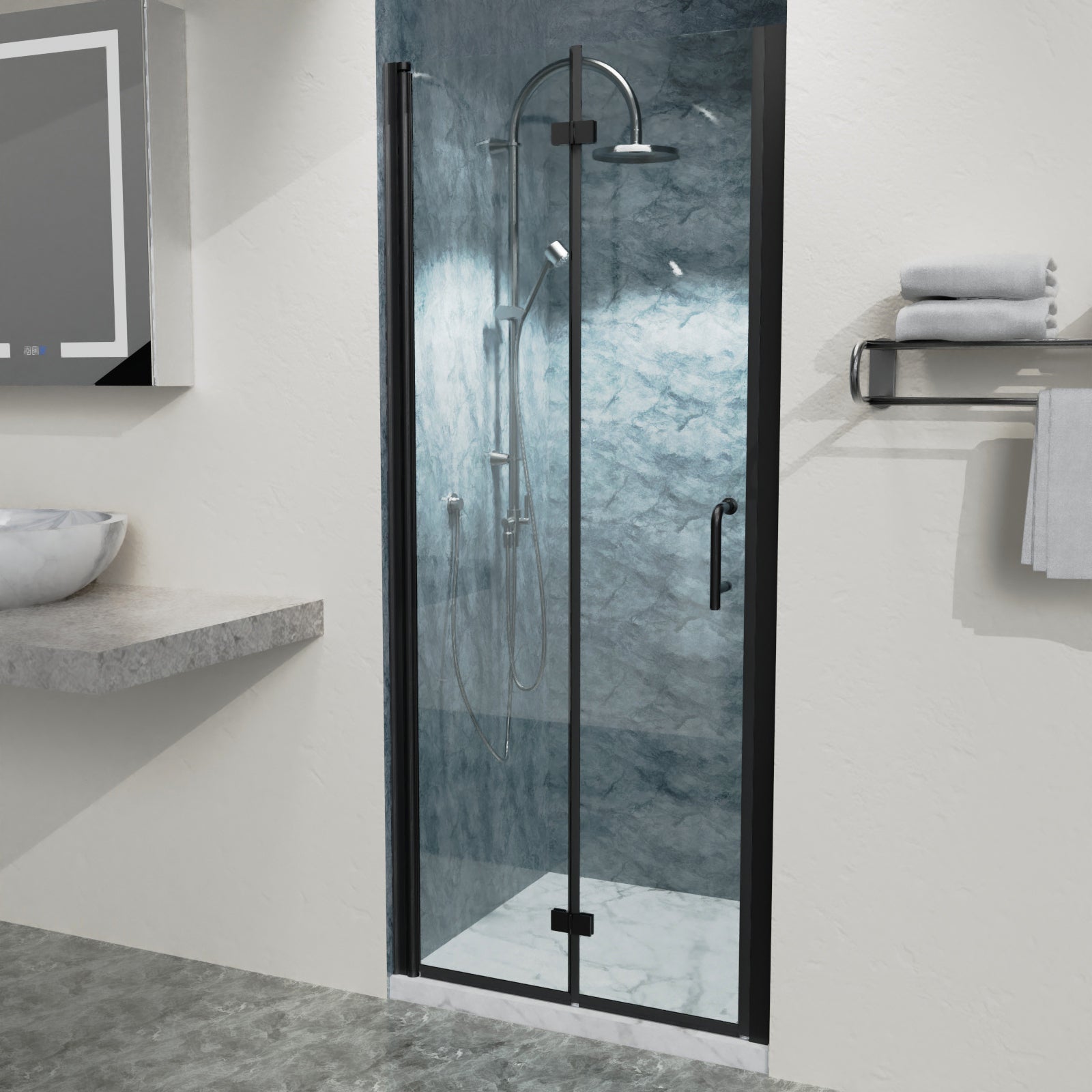 32-33"W x 72"H Bi-Fold Semi-Frameless Shower Doors in Matte Black with Clear Glass