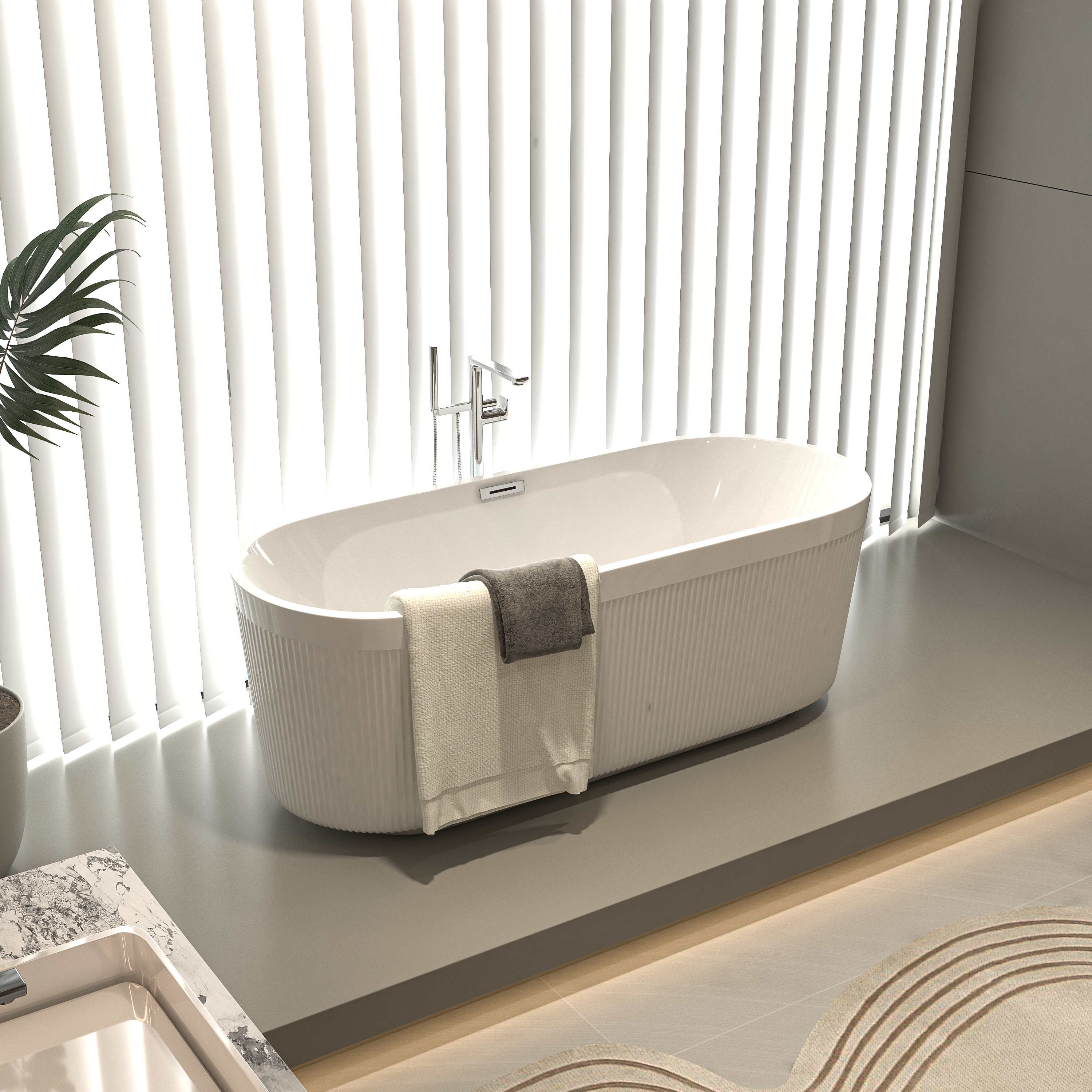 59" Acrylic Freestanding Bathtub with Unique Pleated Design: Spacious Oval Shape, Gloss White Finish, Chrome Overflow & Pop-Up Drain