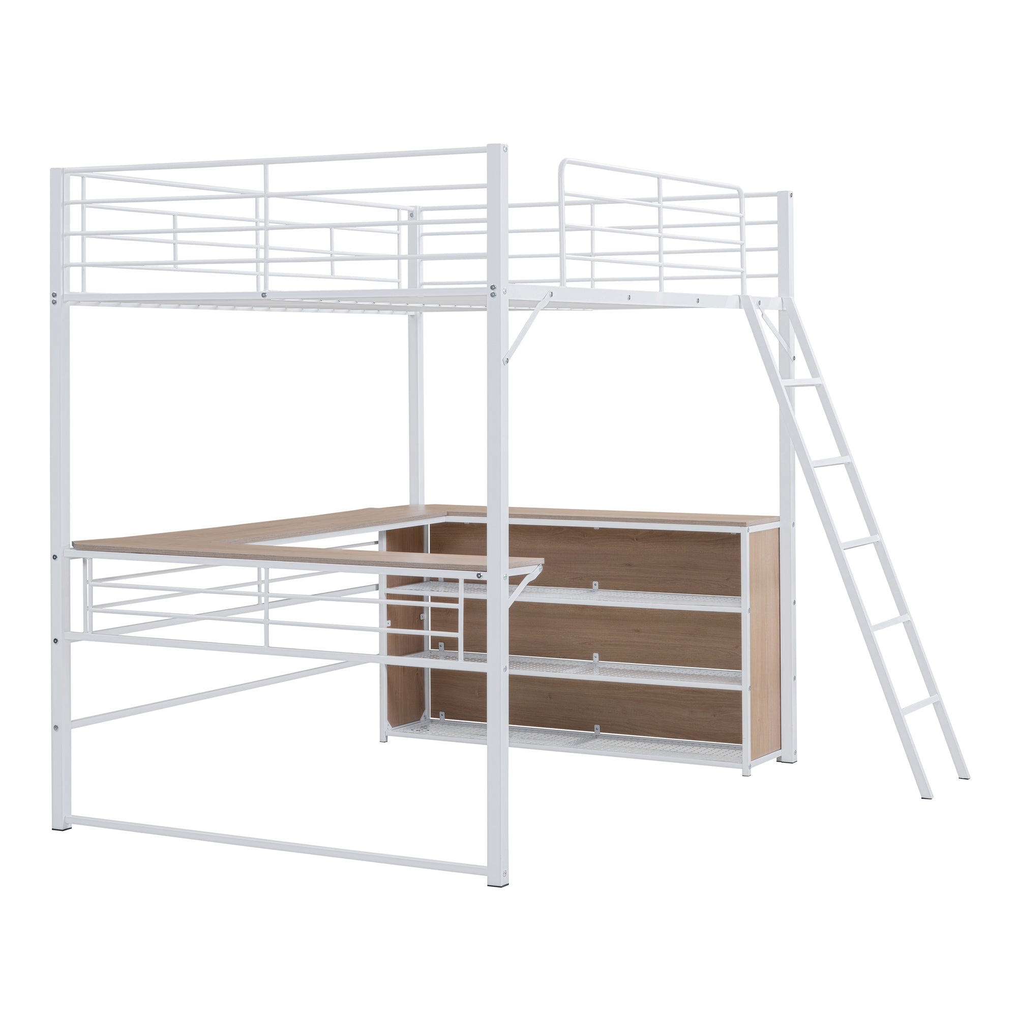 Full Size Metal Loft Bed with 3 Layers of Shelves and L-shaped Desk, White