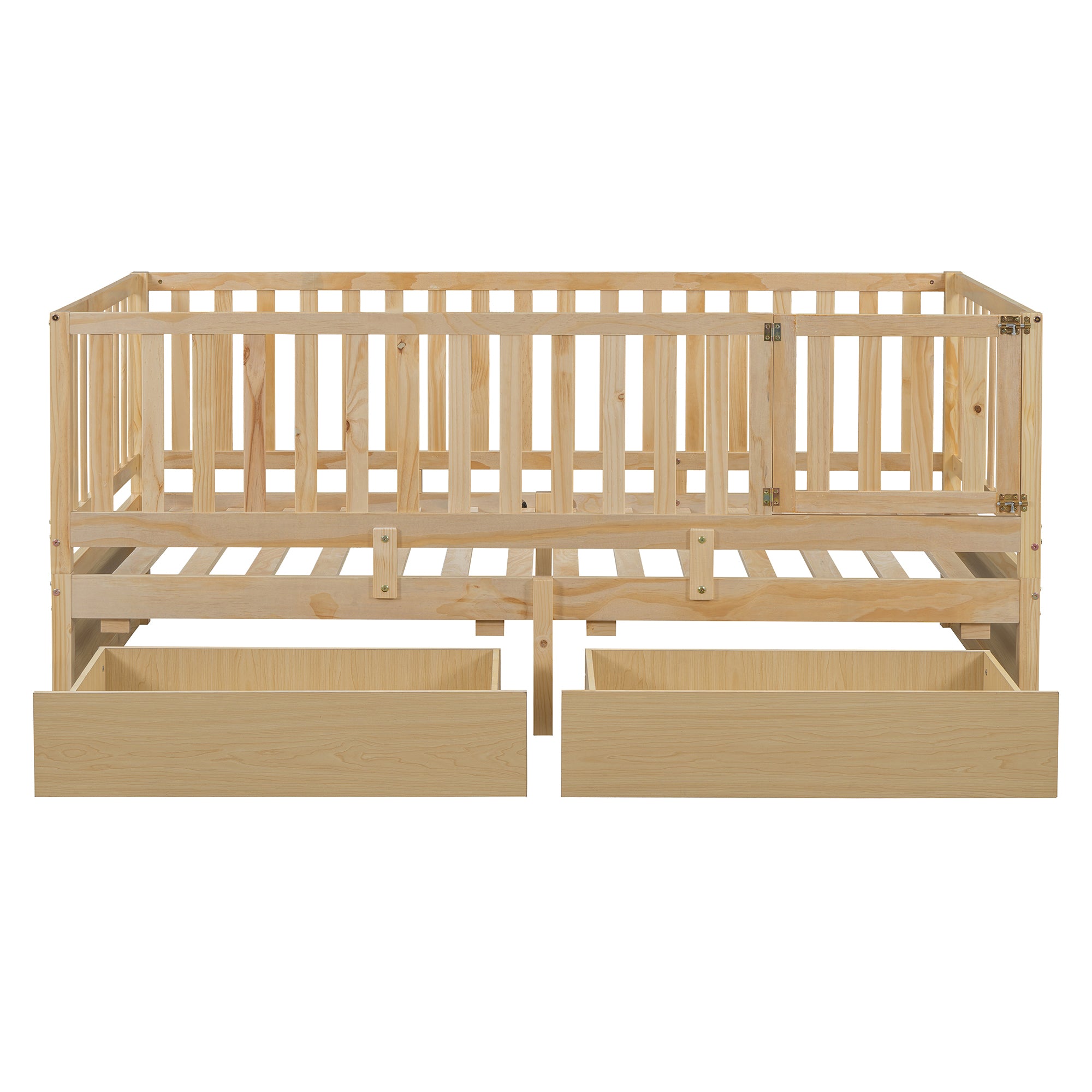 Twin Size Wood Daybed with Fence Guardrails and 2 Drawers, Split into Independent Floor Bed & Daybed, Natural(OLD SKU :LP000881AAN)