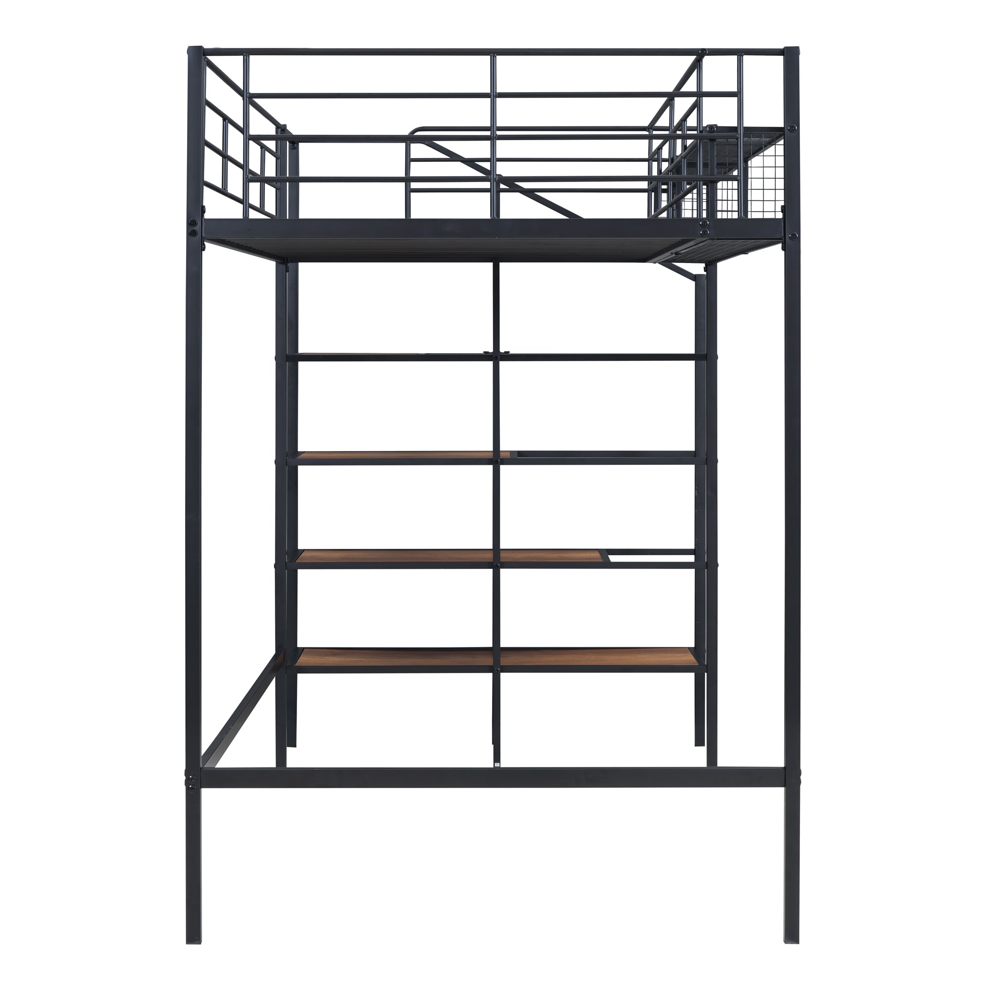 Twin Size Metal Loft Bed with Upper Grid Storage Shelf and Lateral Storage Ladder, Black