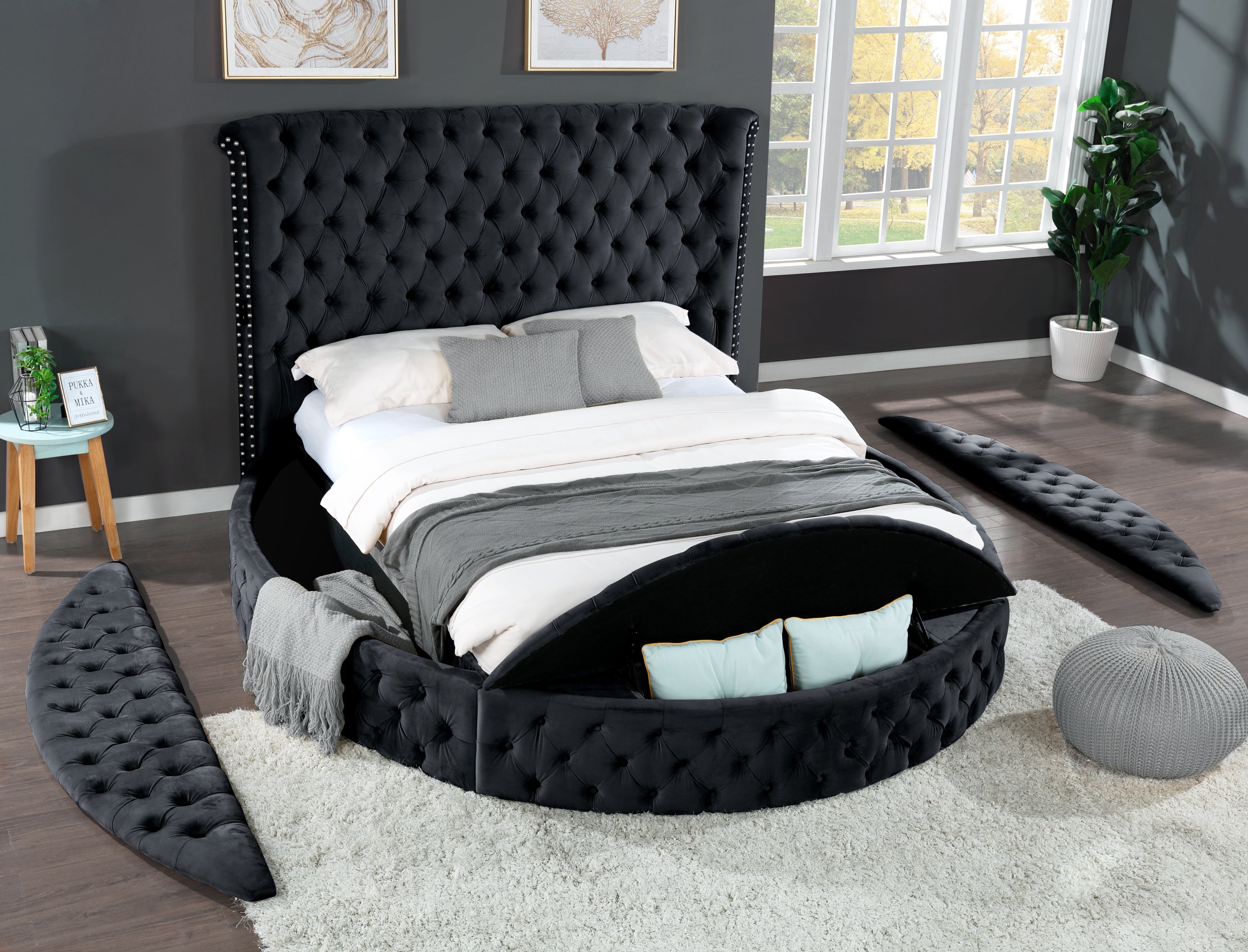 King Size Tufted Upholstery Storage Bed made with Wood in Black