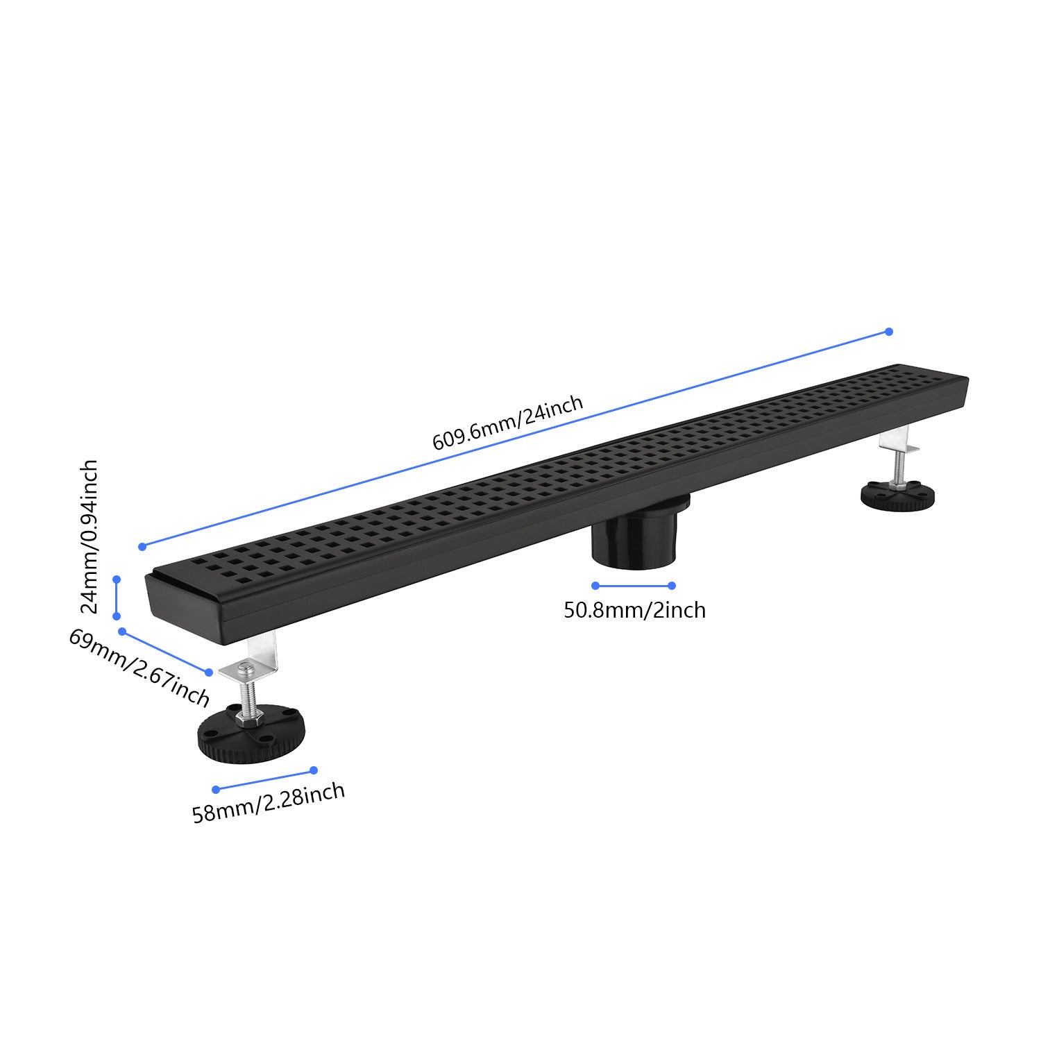 24 Inches Linear Shower Drain with Removable Quadrato Pattern Grate, 304 Stainless Shower Drain  Included Hair Strainer and Leveling Feet