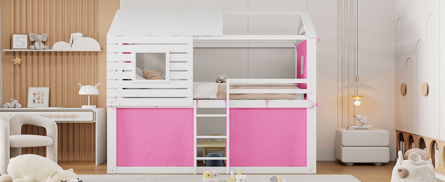 Full Size Bunk Wood House Bed with Tent, Pink+White