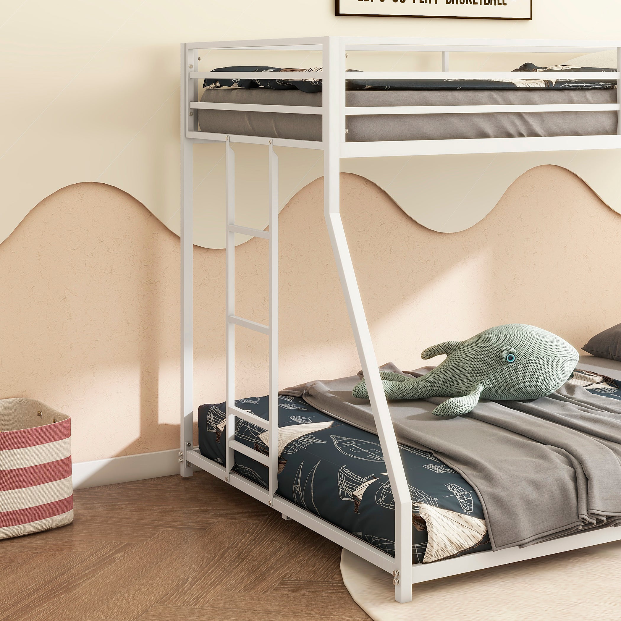 Adam Sturdy Twin Over Full Metal Bunk White for Kids and Adult, Low Profile and Easy Climbing with Stable Ladder