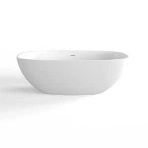 Freestanding solid surface soaking bathtub, white, angled side view