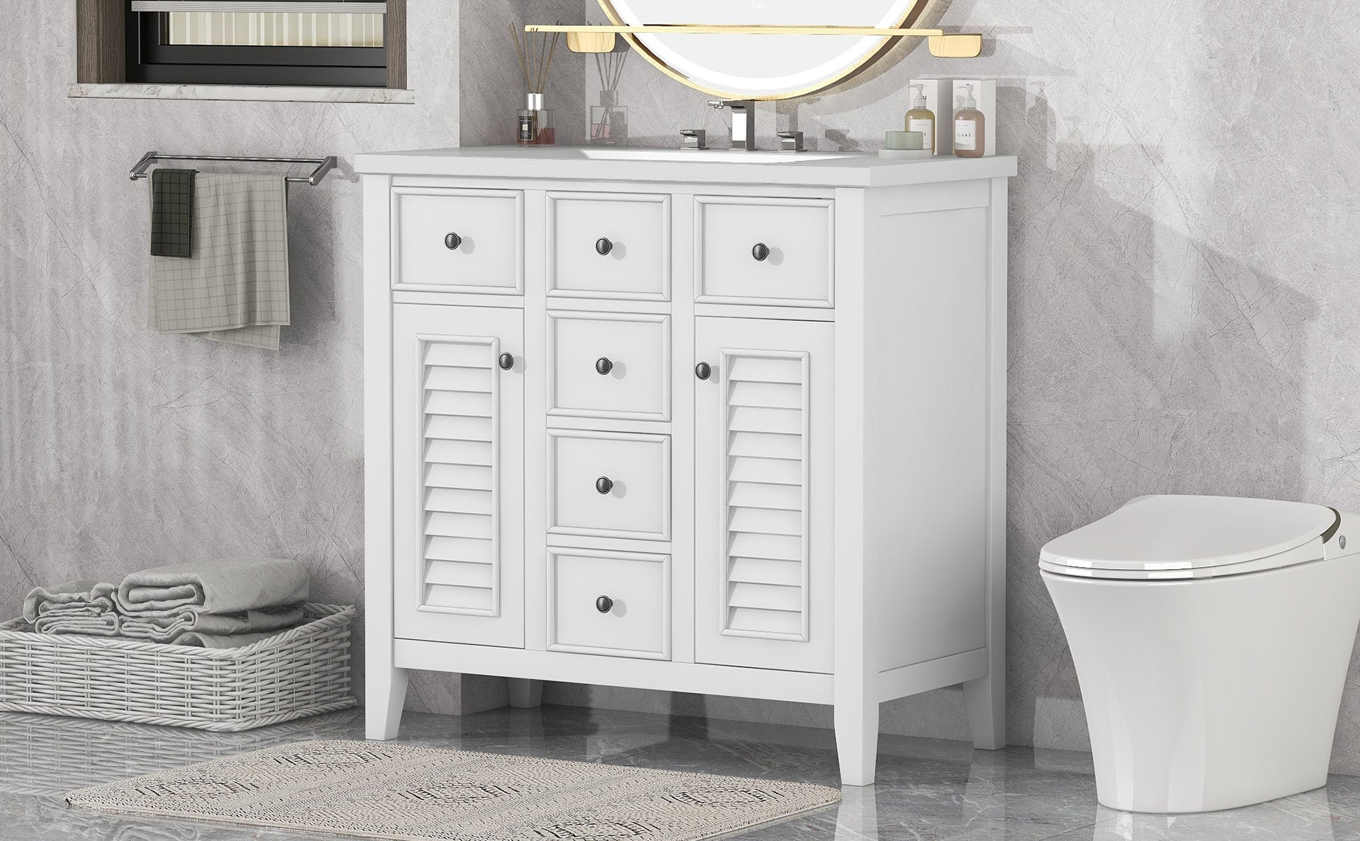 36" Bathroom Vanity with Ceramic Basin, Two Cabinets and Five Drawers, Solid Wood Frame, White (OLD SKU: SY999202AAK-1)