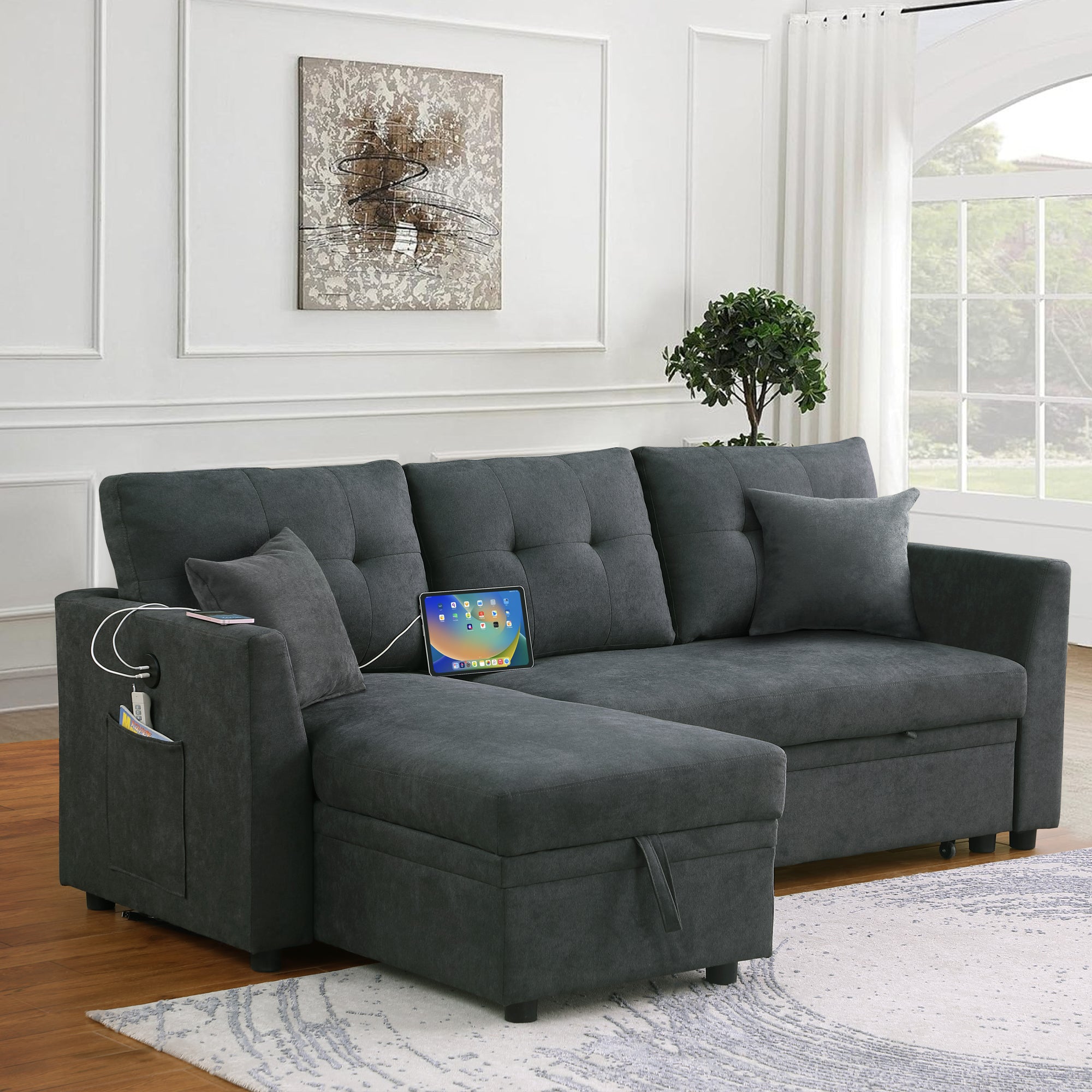 Under-chaise storage compartment of L-shaped sectional sofa bed, detail view