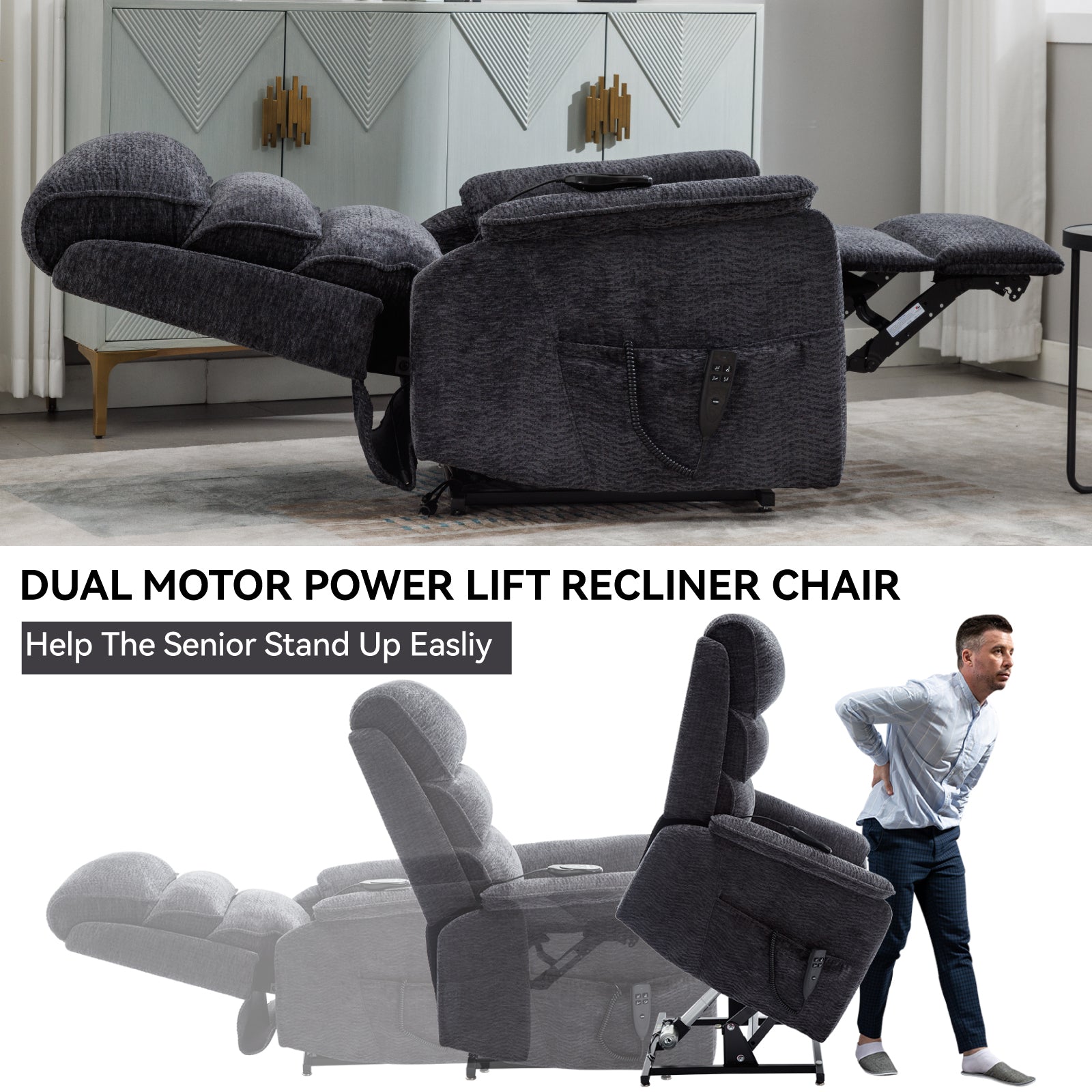 Grey Chenille Dual Motor Infinite Position Up to 350 LBS Power Lift Recliner Chair with Power-Remote, Heat Massage and Heavy Duty Motion Mechanism