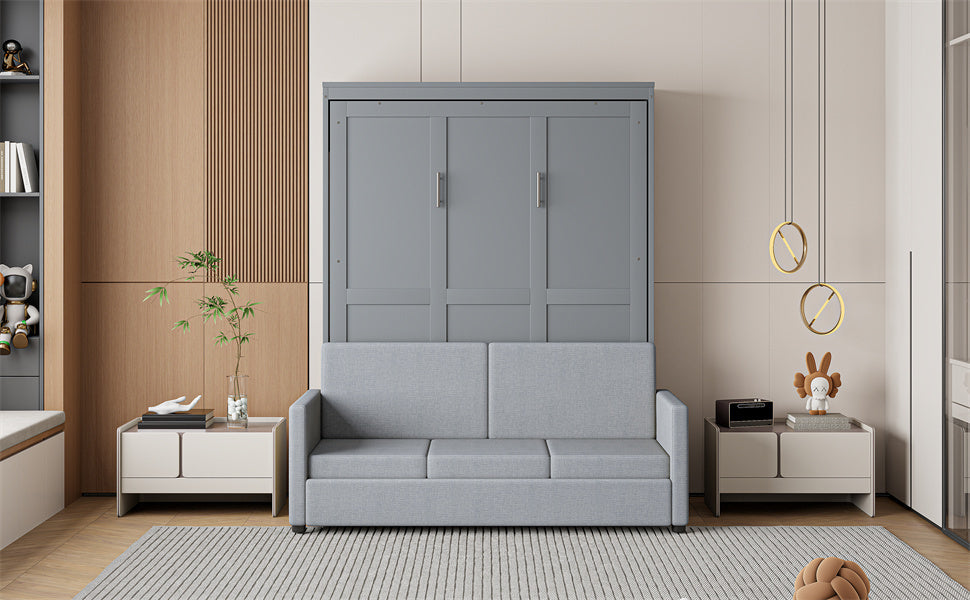 Full Size Murphy Bed Wall Bed with Cushion,Gray