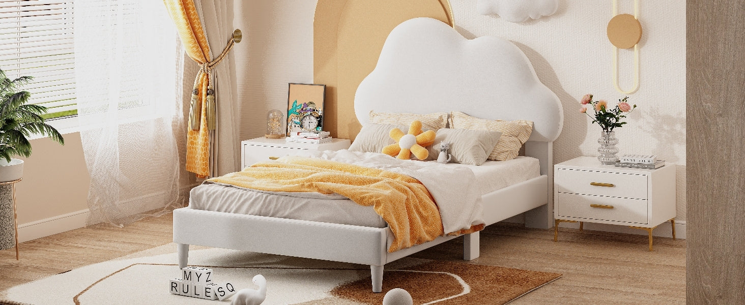 Twin Size Upholstered Cloud-Shape Bed ,Velvet Platform Bed with Headboard,No Box-spring Needed,Beige