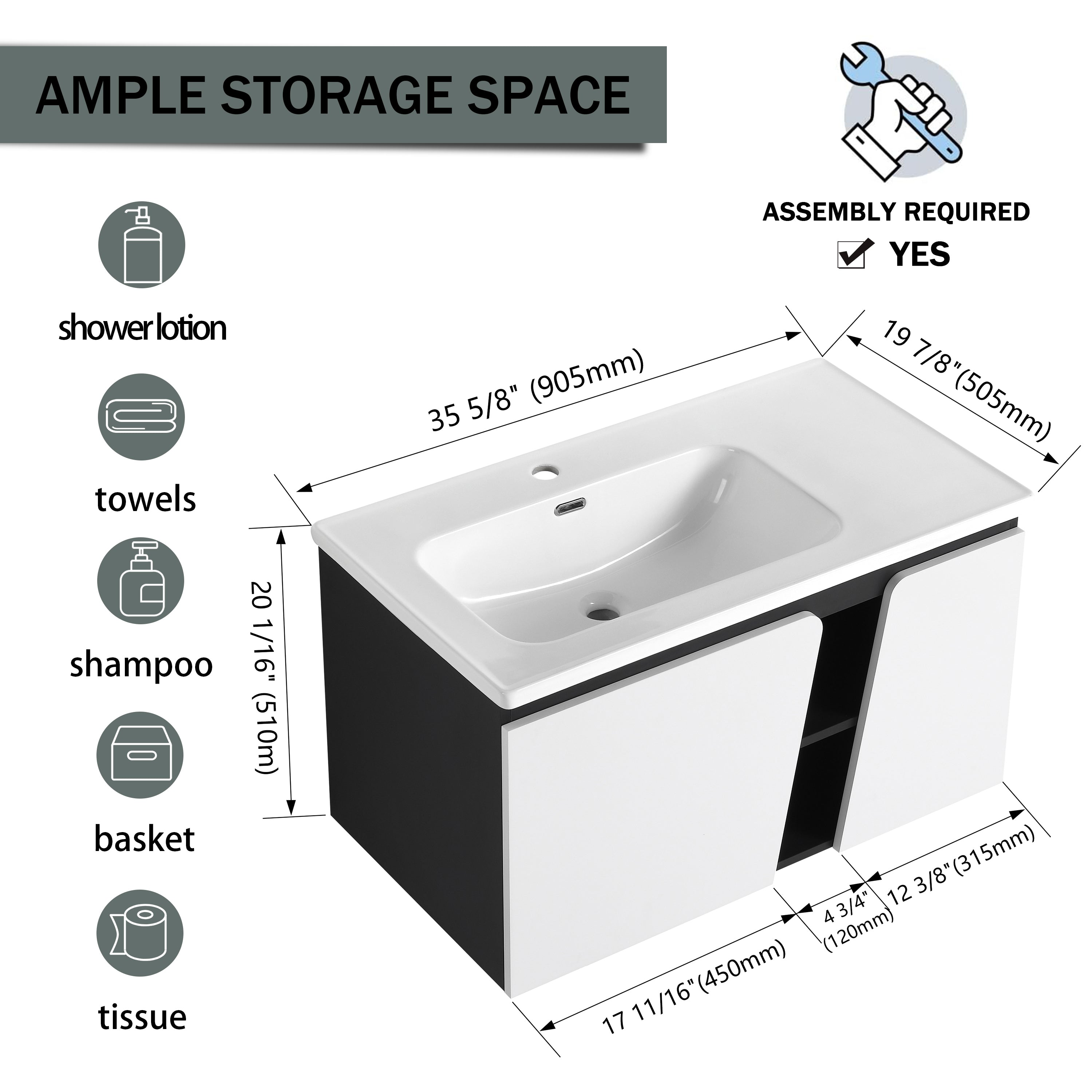 36'' Floating Wall-Mounted Bathroom Vanity With Ceramic Basin & Soft-Close Cabinet Door