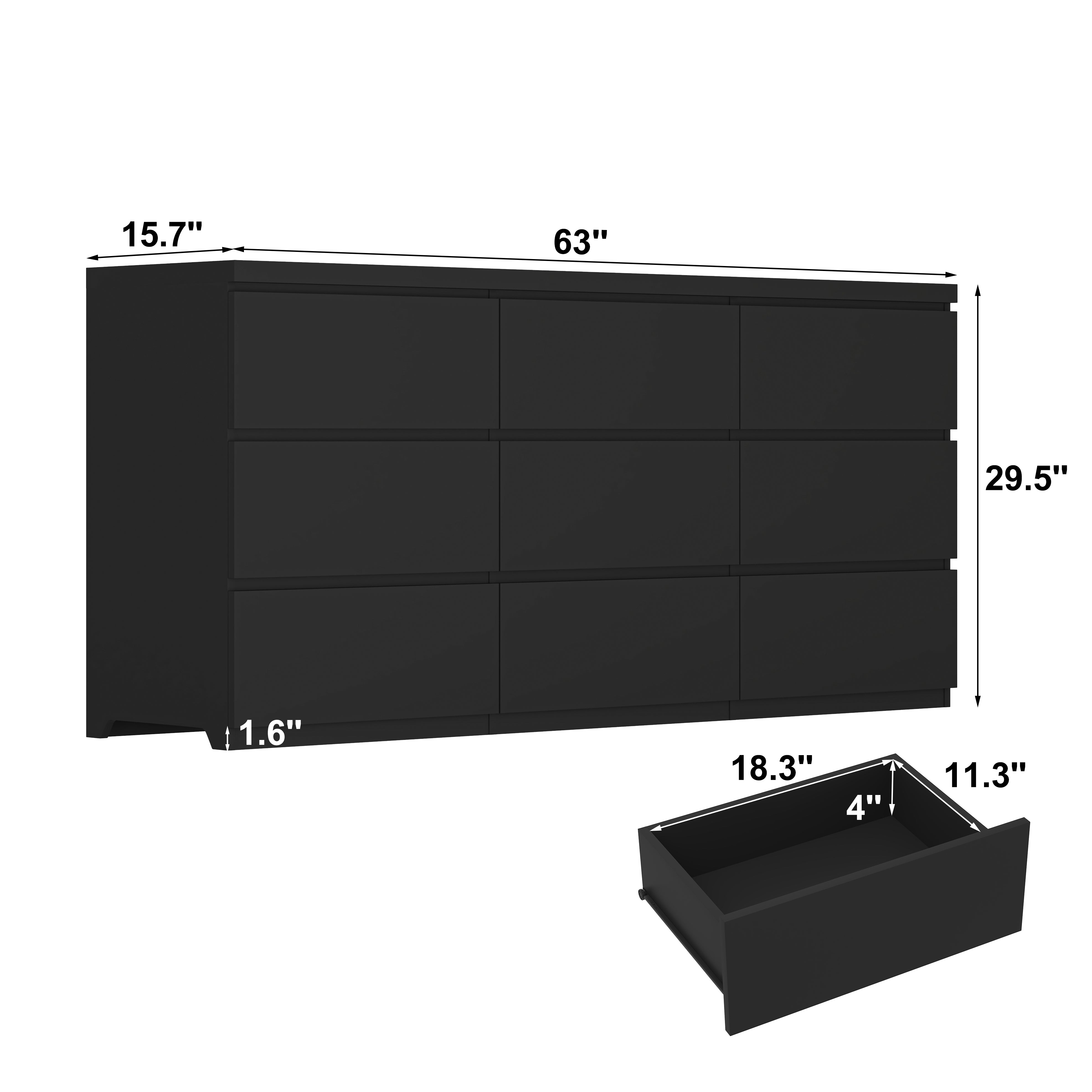 9-drawer black wood chest of drawers, handleless modern storage in room