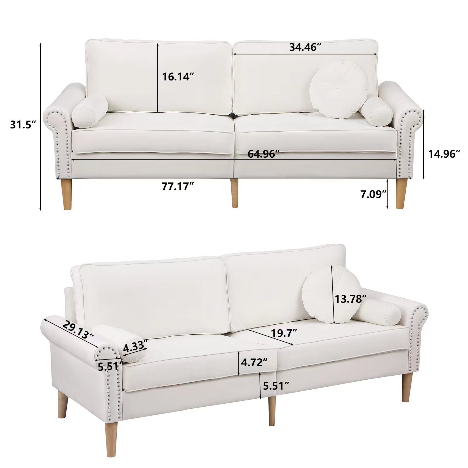 Living Room Sofa,3-Seater Sofa , with  Copper Nail on Arms ,Three Pillow,White