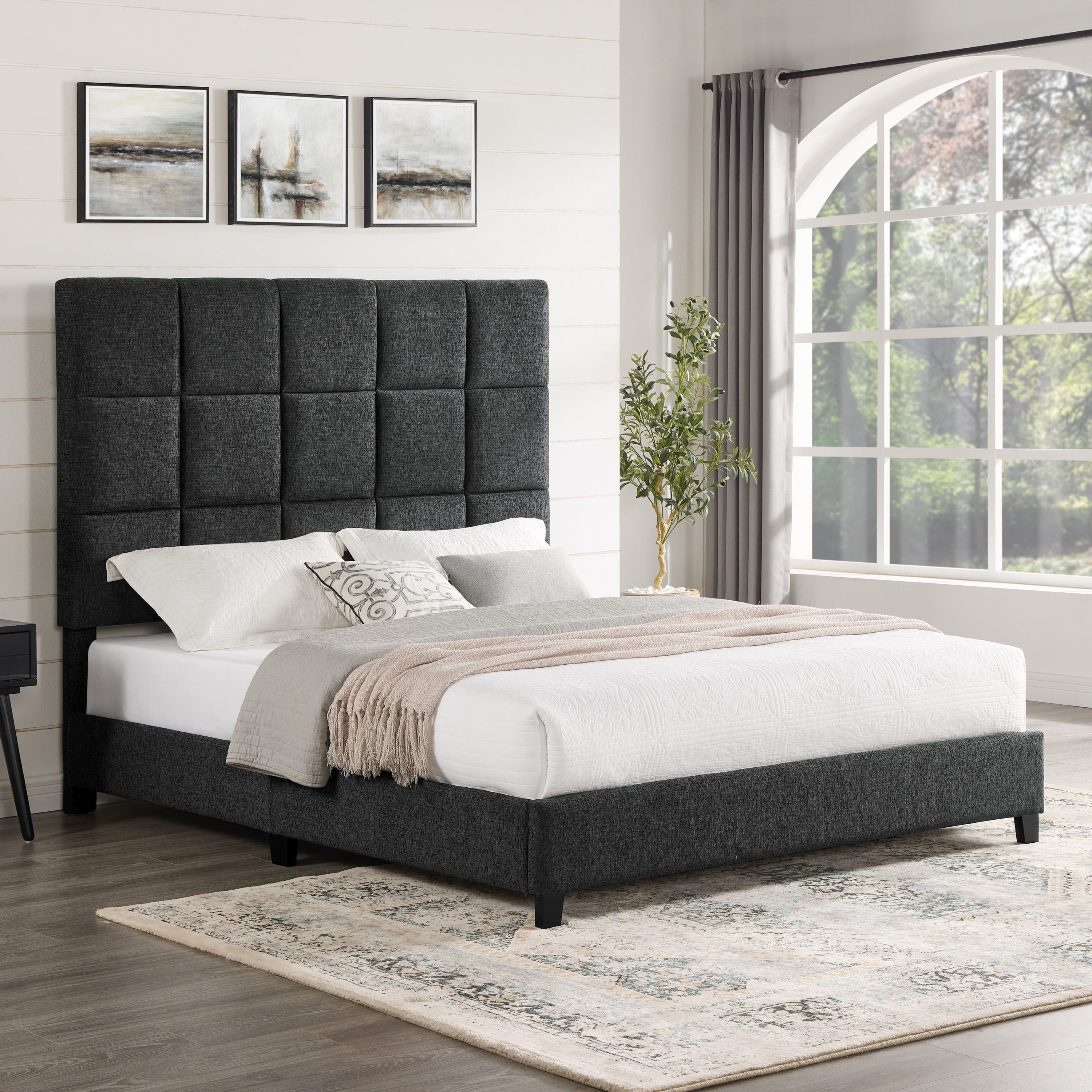 Bridgevine Home Queen Size Grey Squares Upholstered Platform Bed