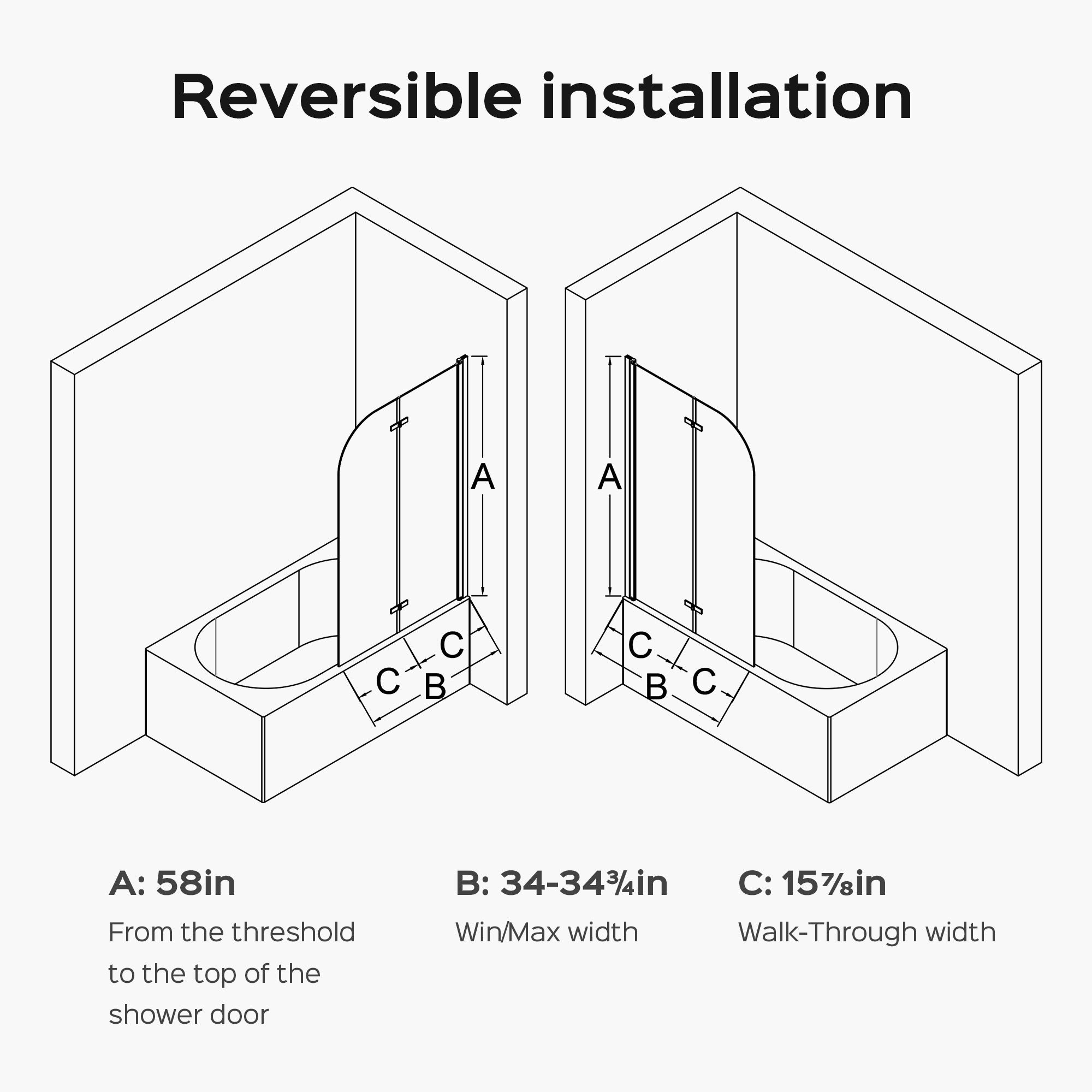 34" W x 58" H Frameless Folding Pivot Bathtub Door, 1/4" (6mm) Thick SGCC Clear Tempered Glass Door, Bathroom Pivot Bifold Shower Tub Door Panel, Reversible Installation, Chrome Finish