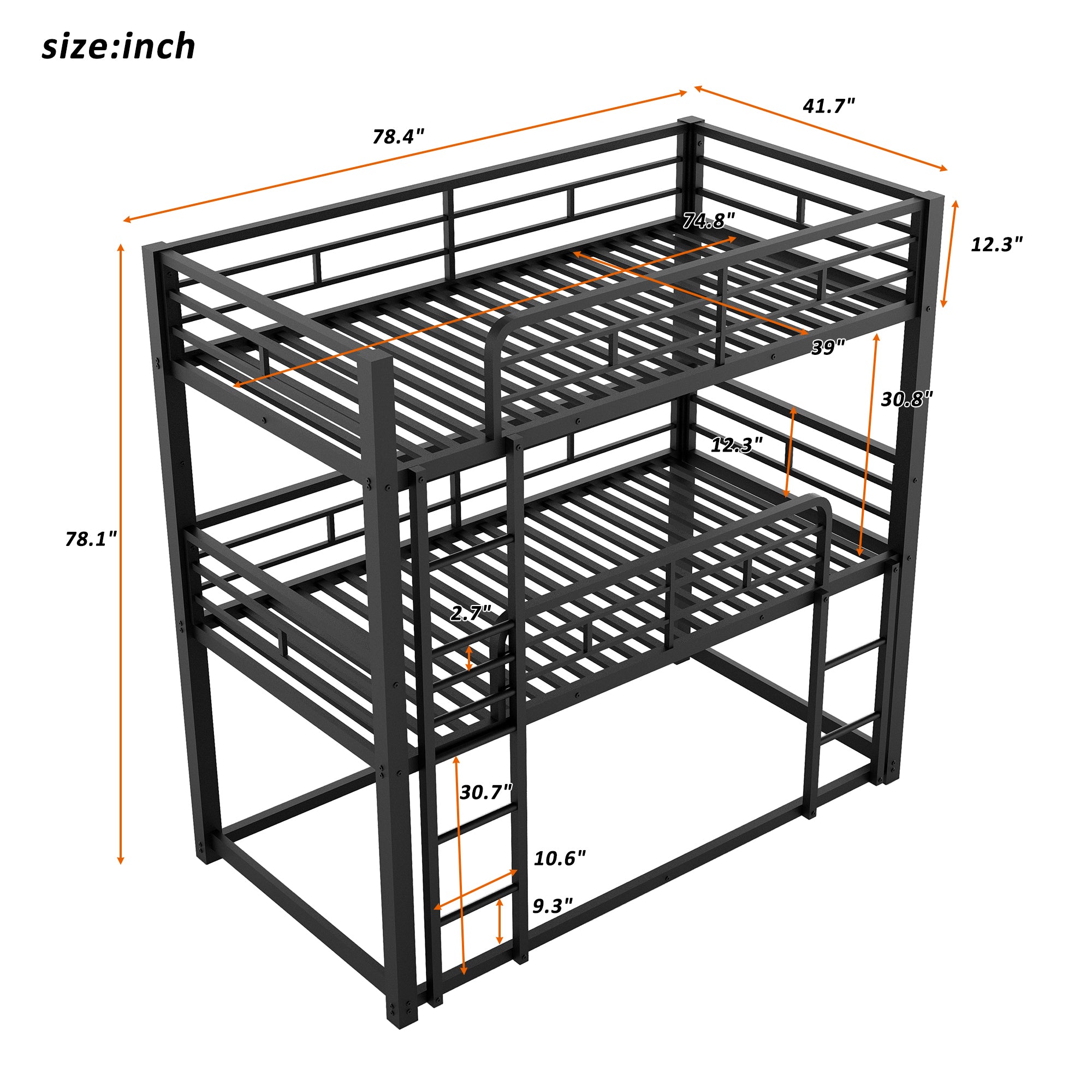 Metal Twin Size Triple Bunk Bed, Black(Old SKU: SM000230AAB-1)