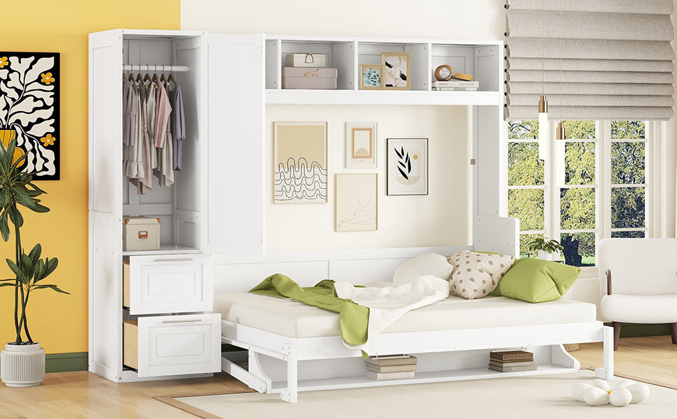 Queen Size Murphy Bed Wall Bed with Closet and Drawers,White