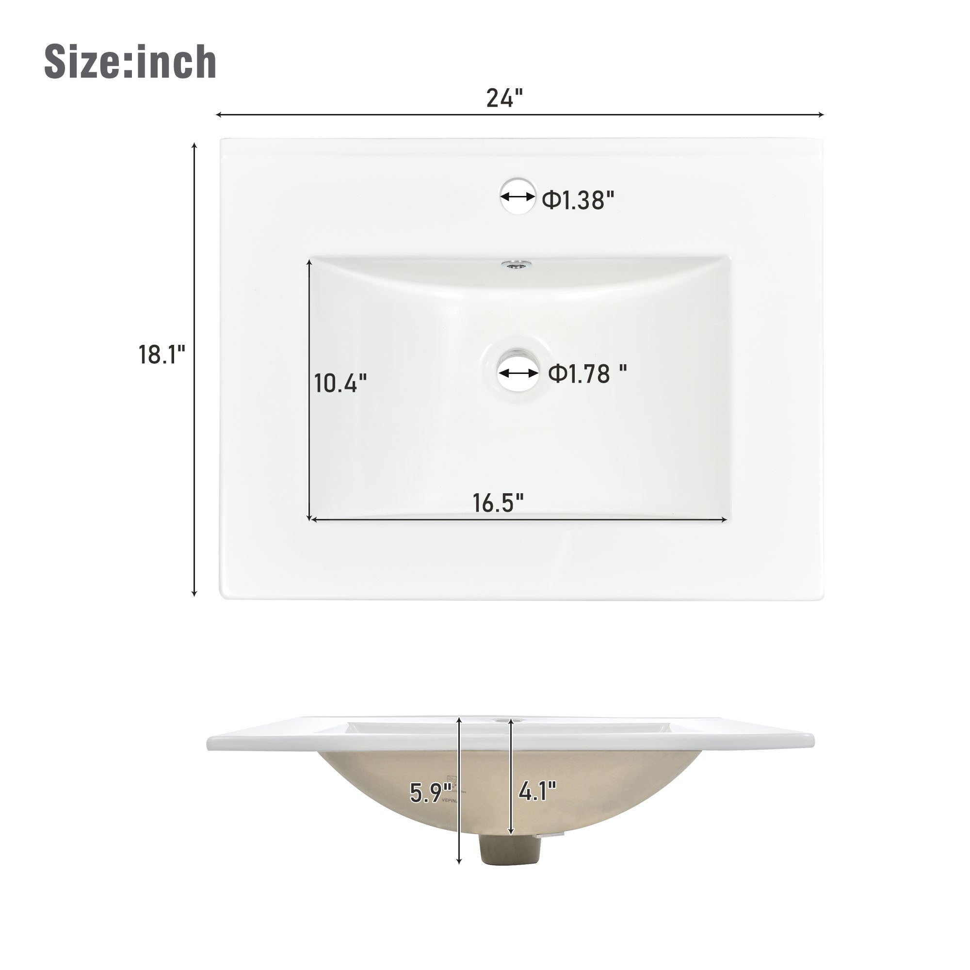 [Sink Only]24x18 inch rectangular single hole bathroom ceramic sink, vanity top sink only, white (faucet and cabinet not included)